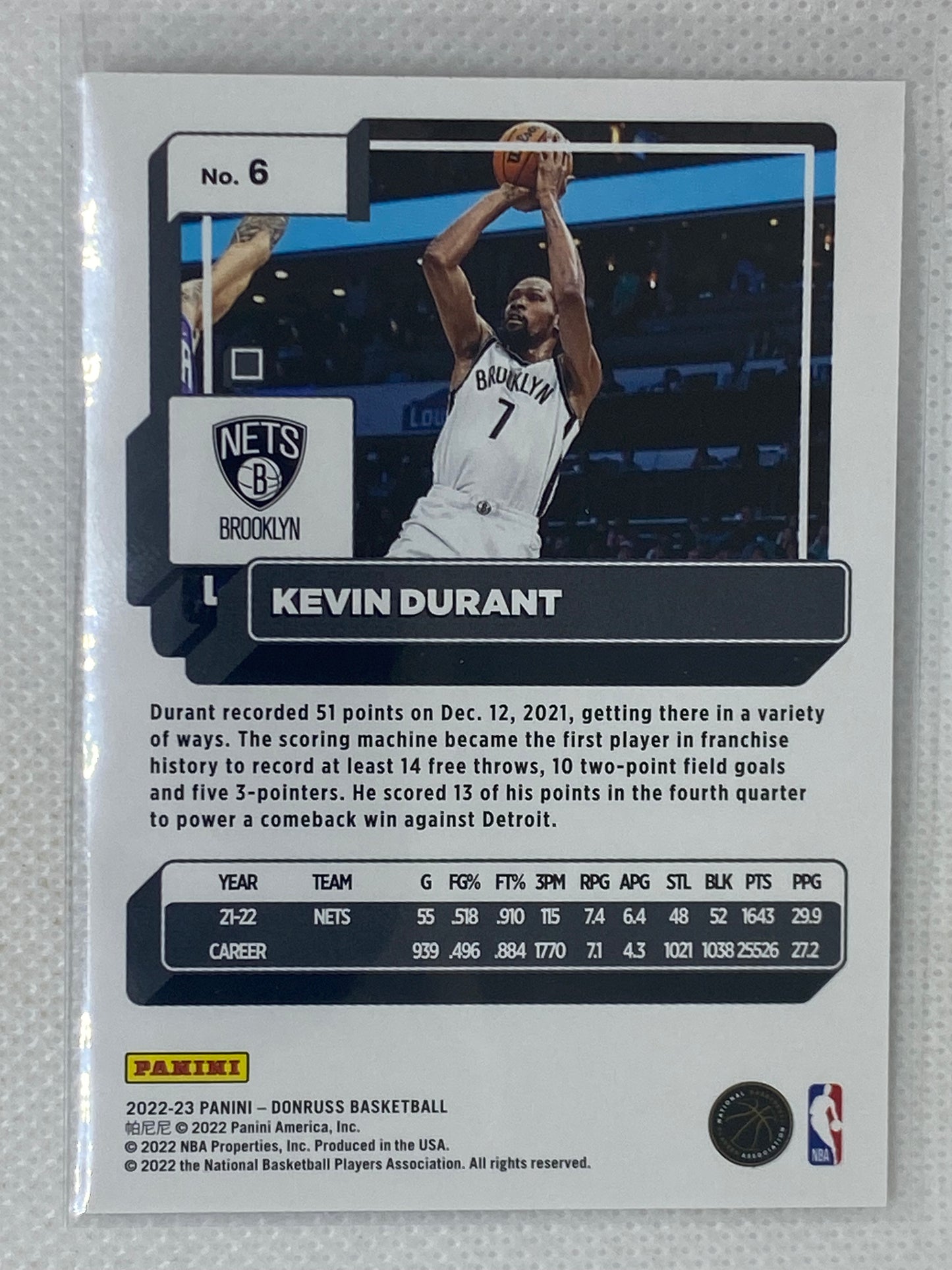 2022-23 Donruss Basketball Base #6 Kevin Durant Brooklyn Nets