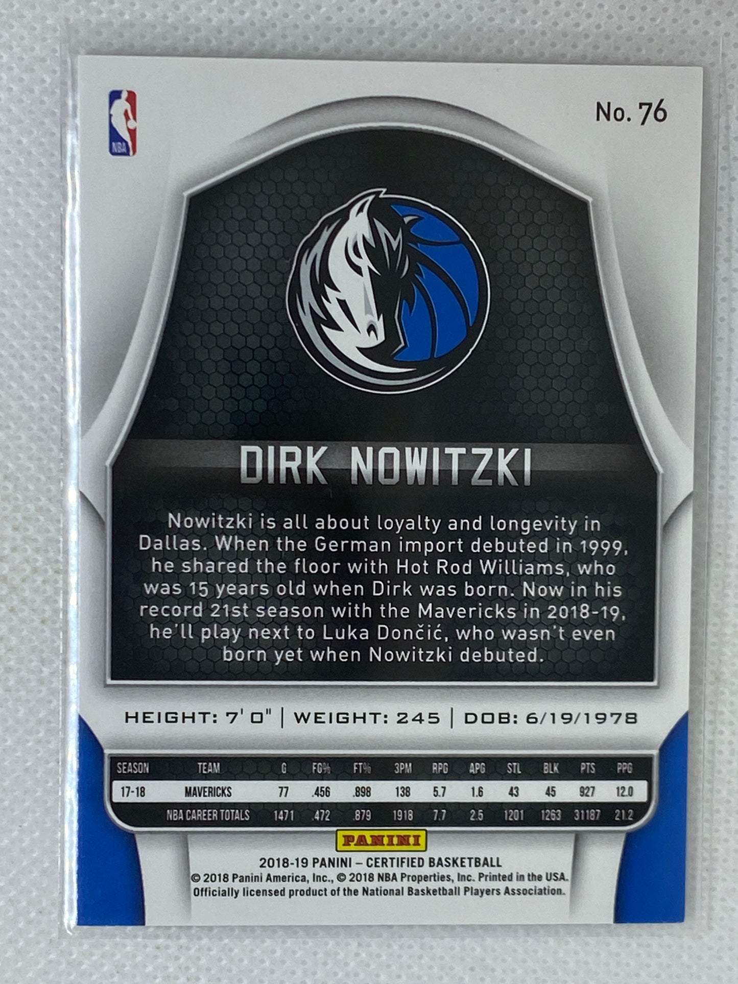 2018-19 Panini Certified #76 Dirk Nowitzki