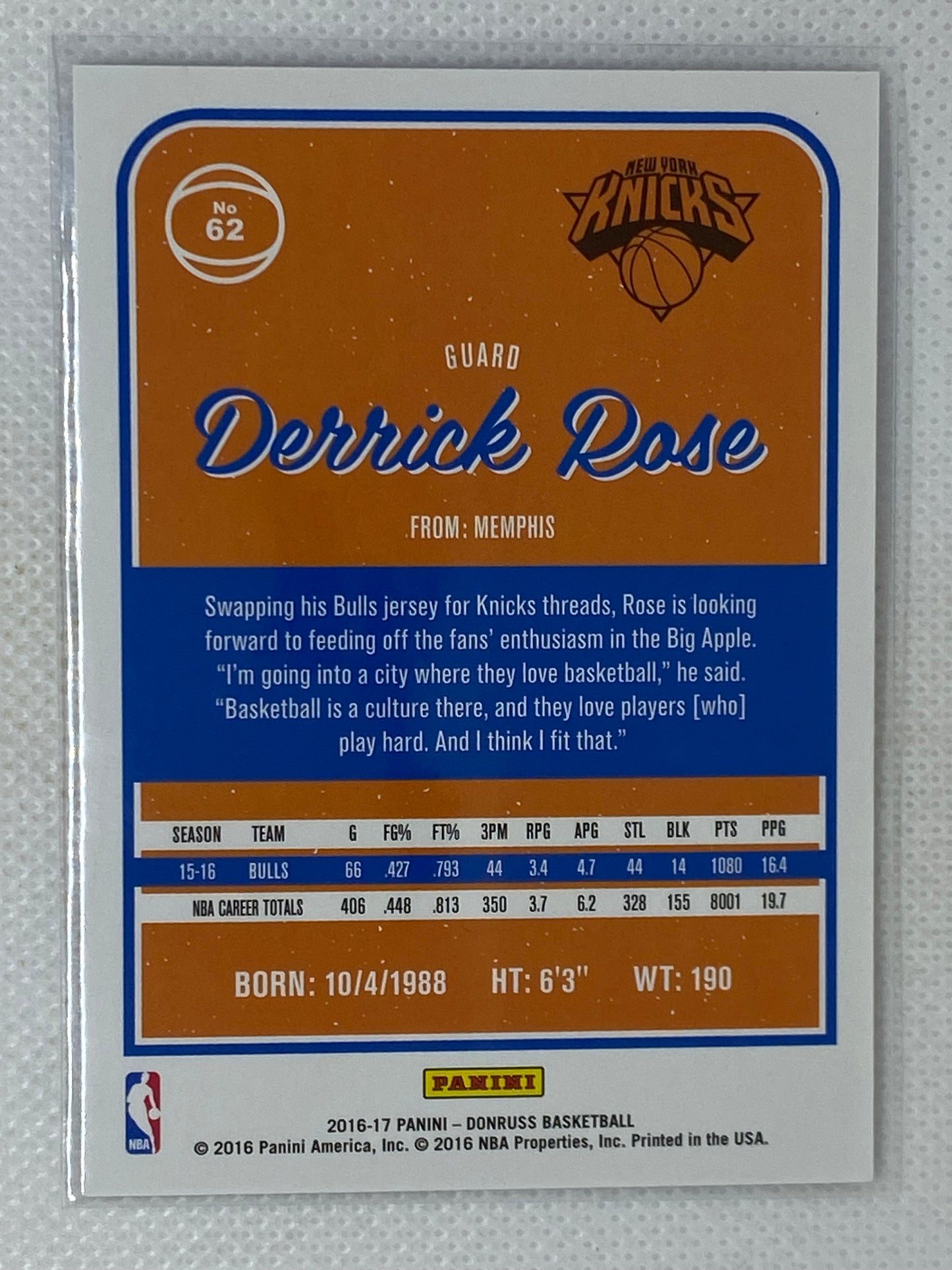 2016-17 Panini Donruss Derrick Rose #62 New York Knicks
