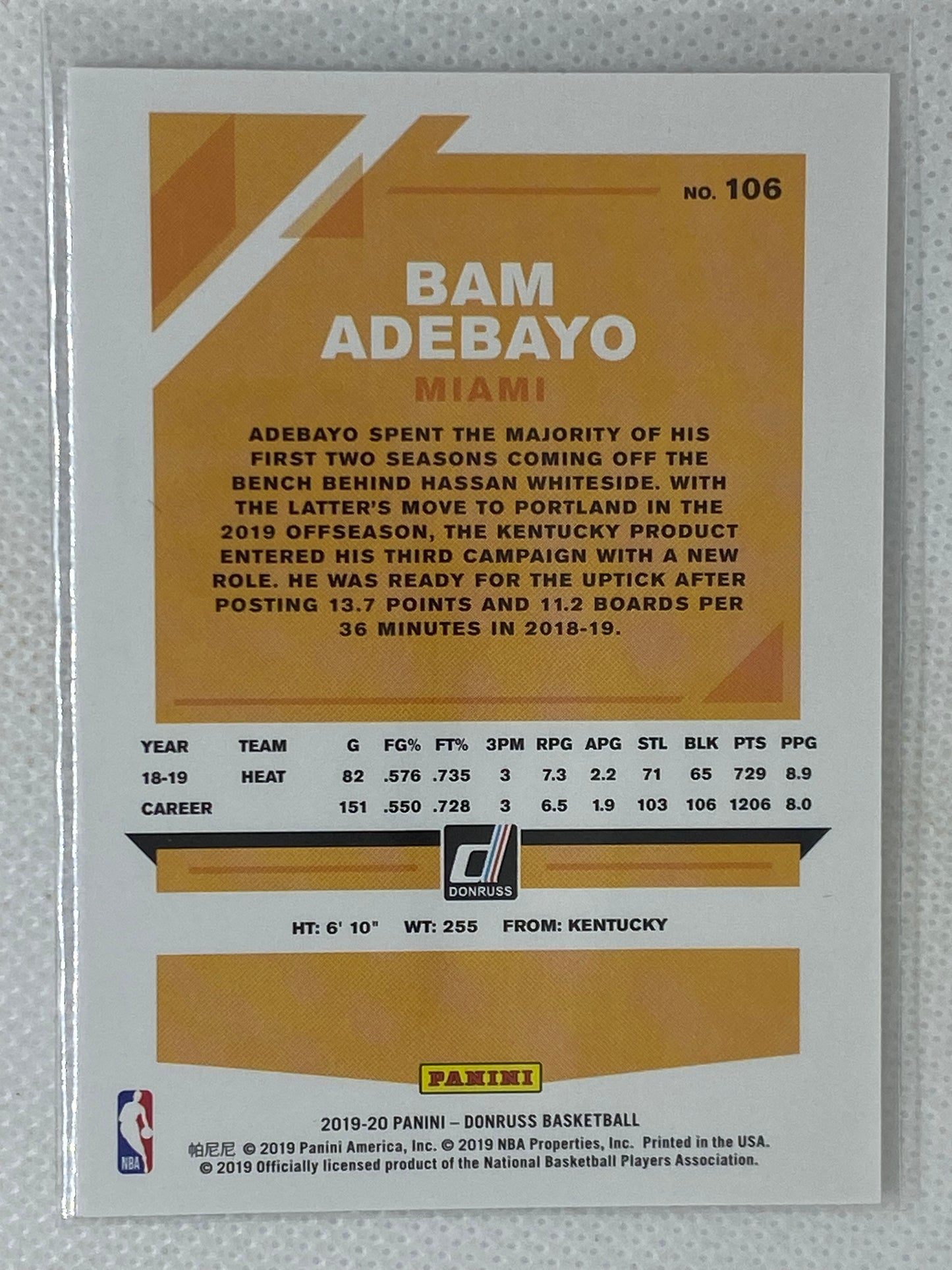 2019-20 Donruss #106 Bam Adebayo Miami Heat