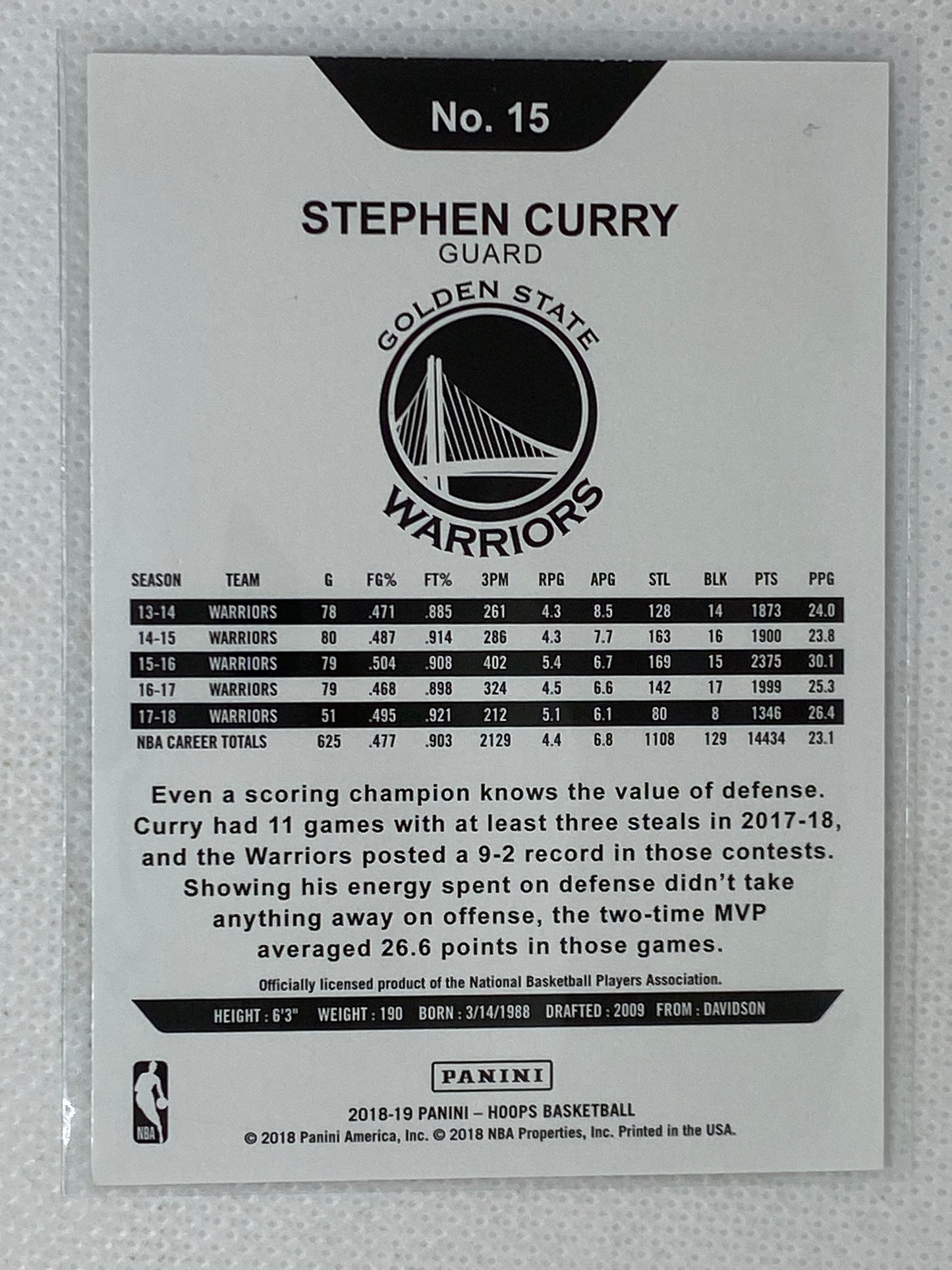 2018-19 Hoops Winter Basketball Card #15 Stephen Curry