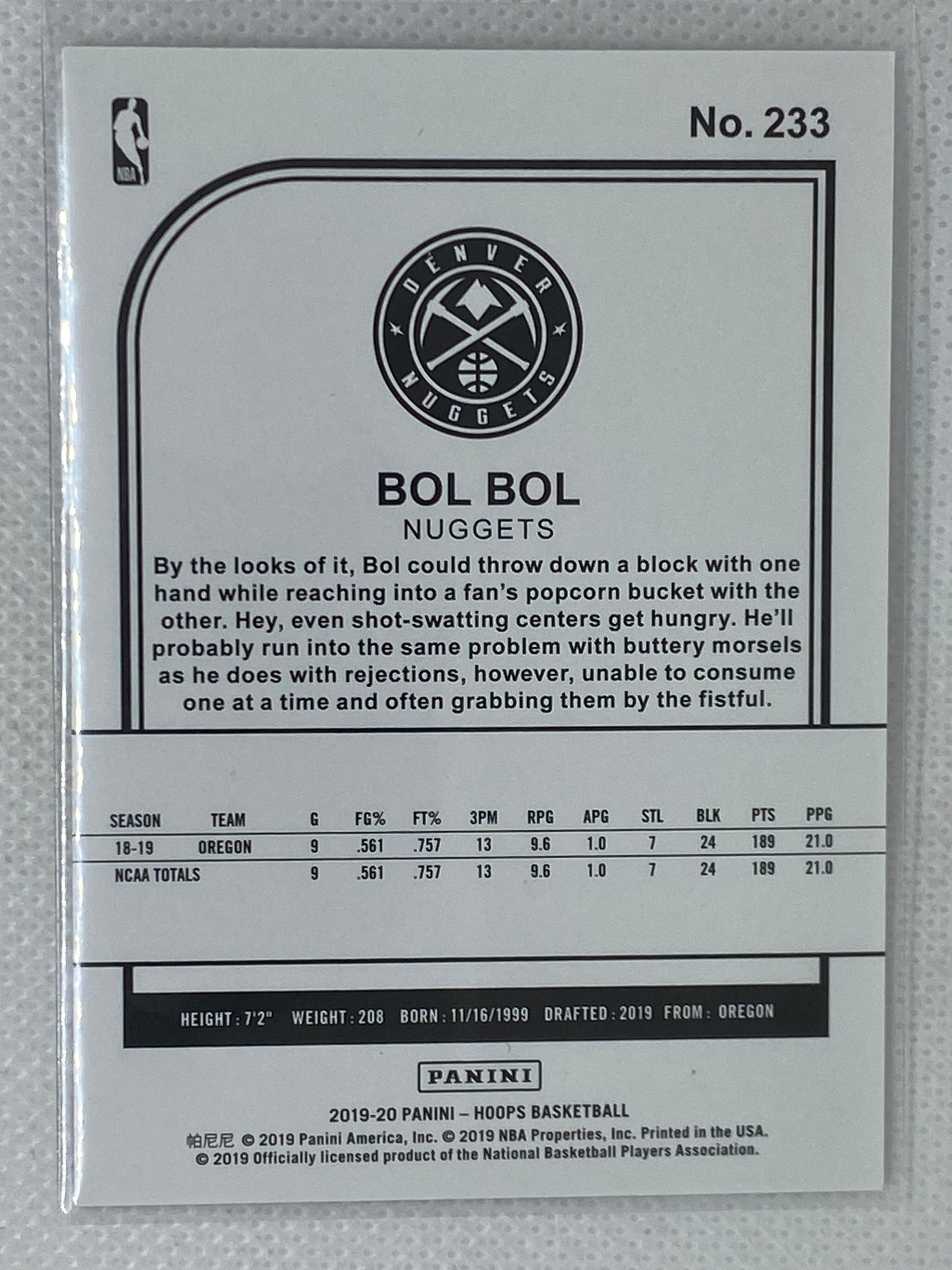 2019-20 Panini NBA Hoops #233 Bol Bol Nuggets Winter Rookie RC