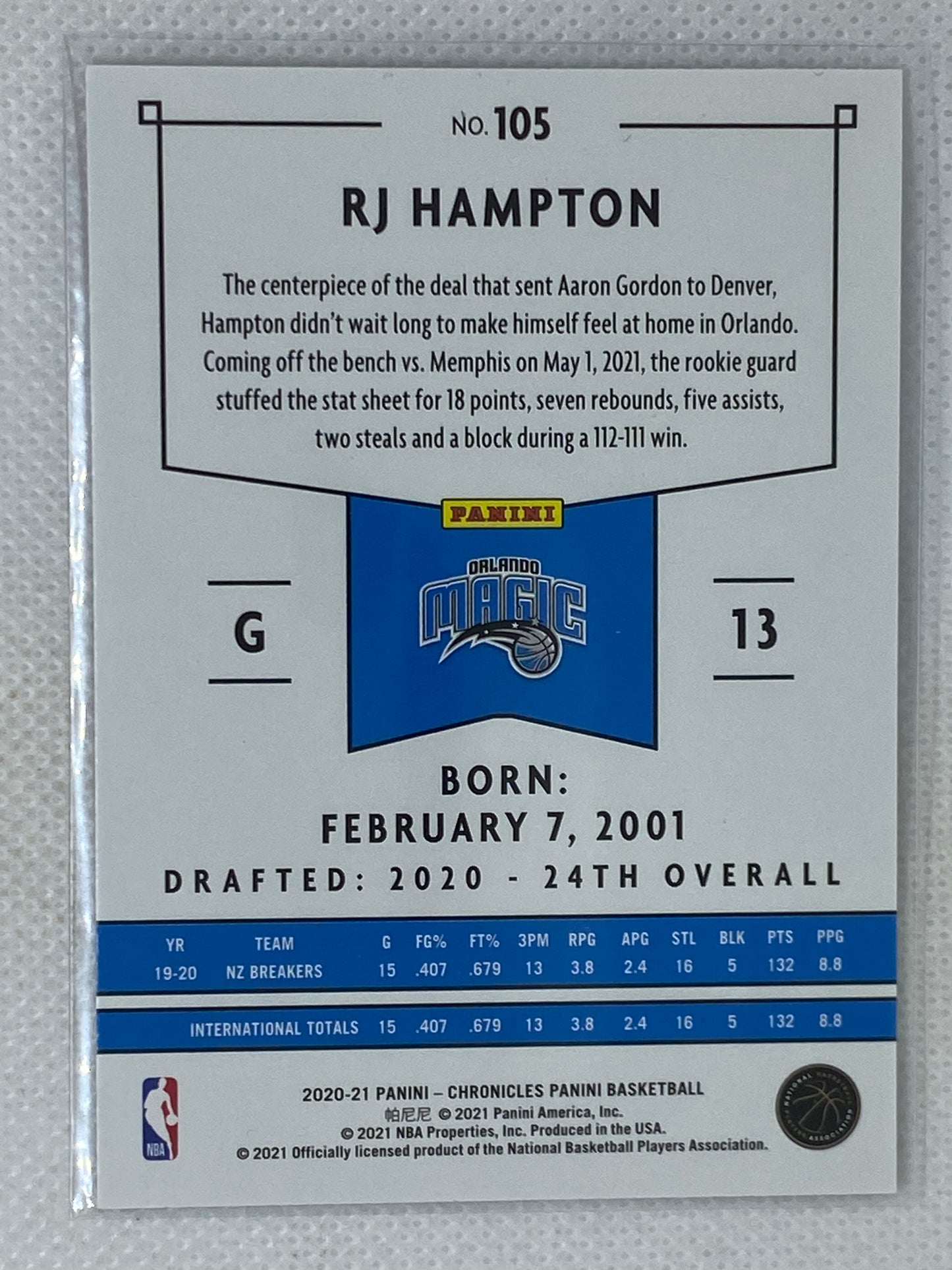 2020-21 Panini Chronicles RJ Hampton #105 Rookie Orlando Magic