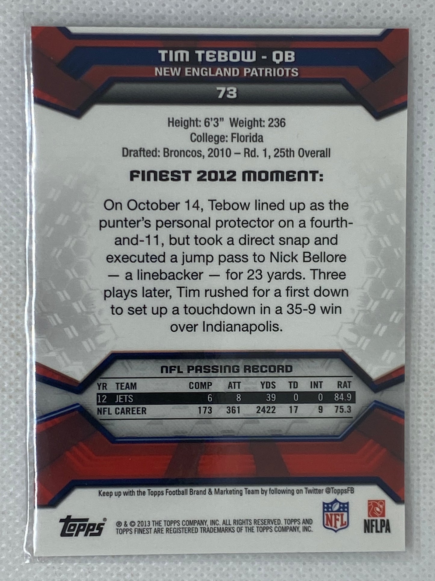 2013 Topps Finest Tim Tebow #73 New England Patriots