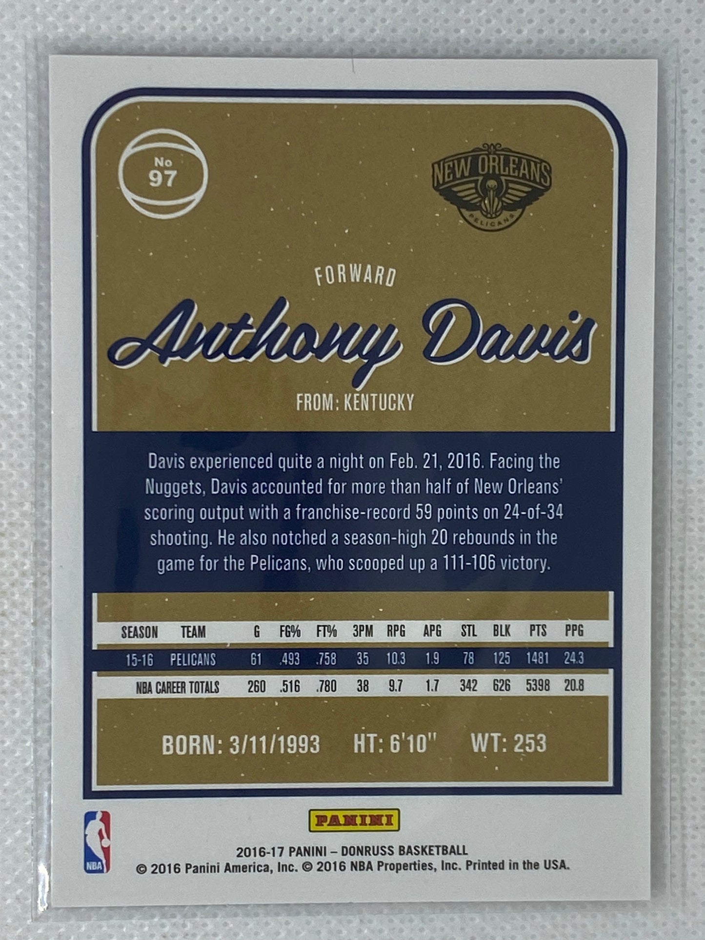 2016-17 Panini Donruss Basketball Anthony Davis Card #97 New Orleans Pelicans