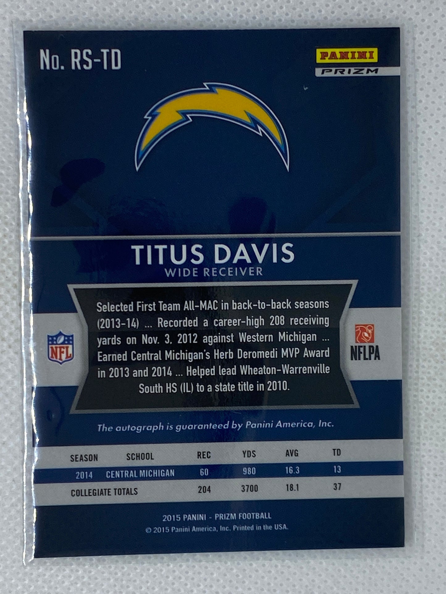 2015 Prizm Titus Davis Purple Prizm Rookie Auto Autograph RC #RS-TD Chargers