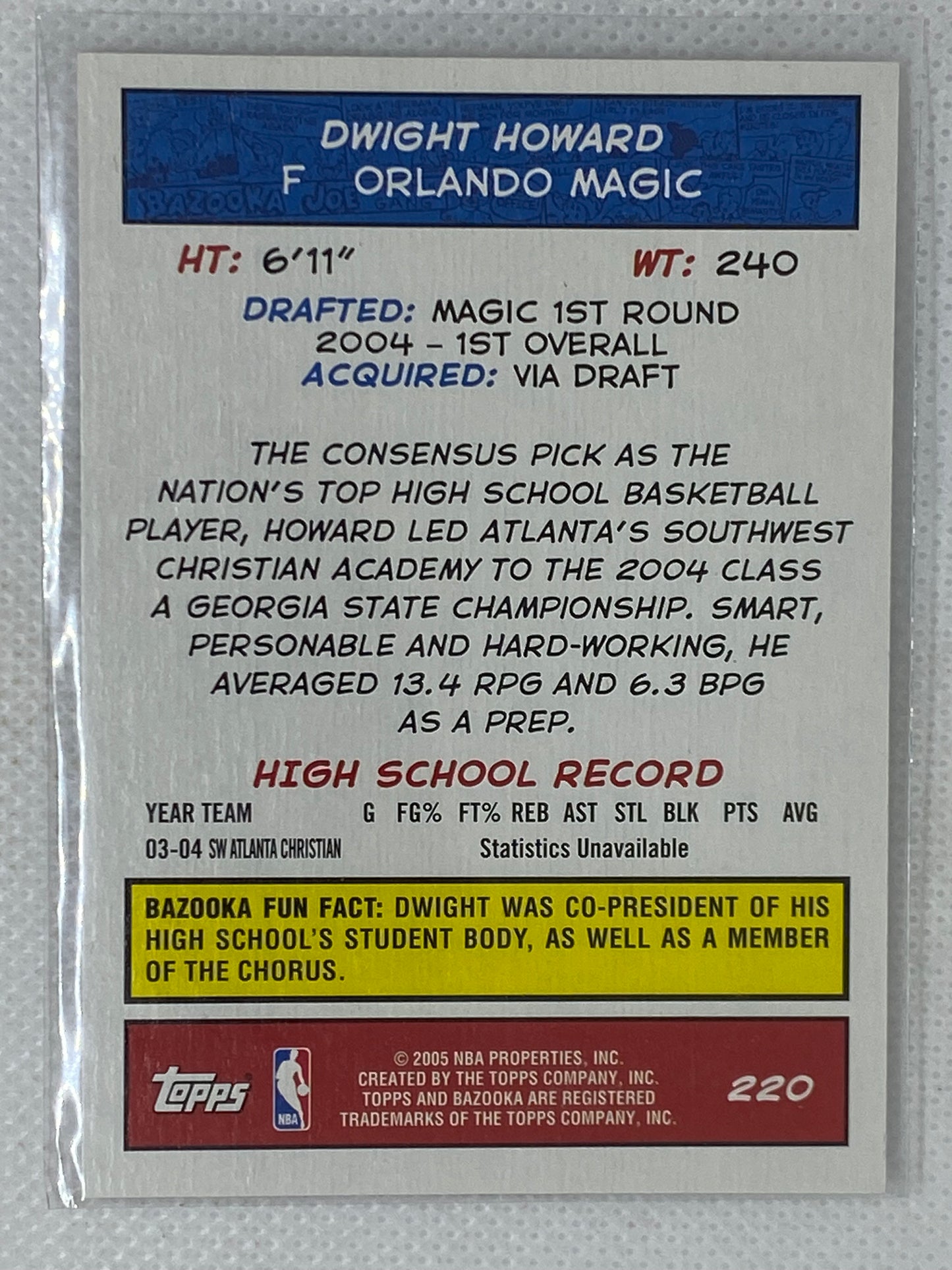 2005 Dwight Howard Topps Bazooka Rookie Card # 220 Orlando Magic