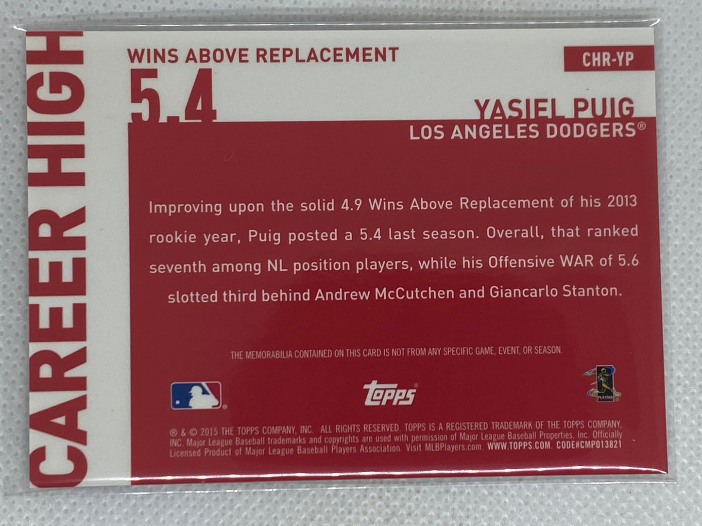 2015 Topps Career High Relics Yasiel Puig CRH-YP Los Angeles Dodgers