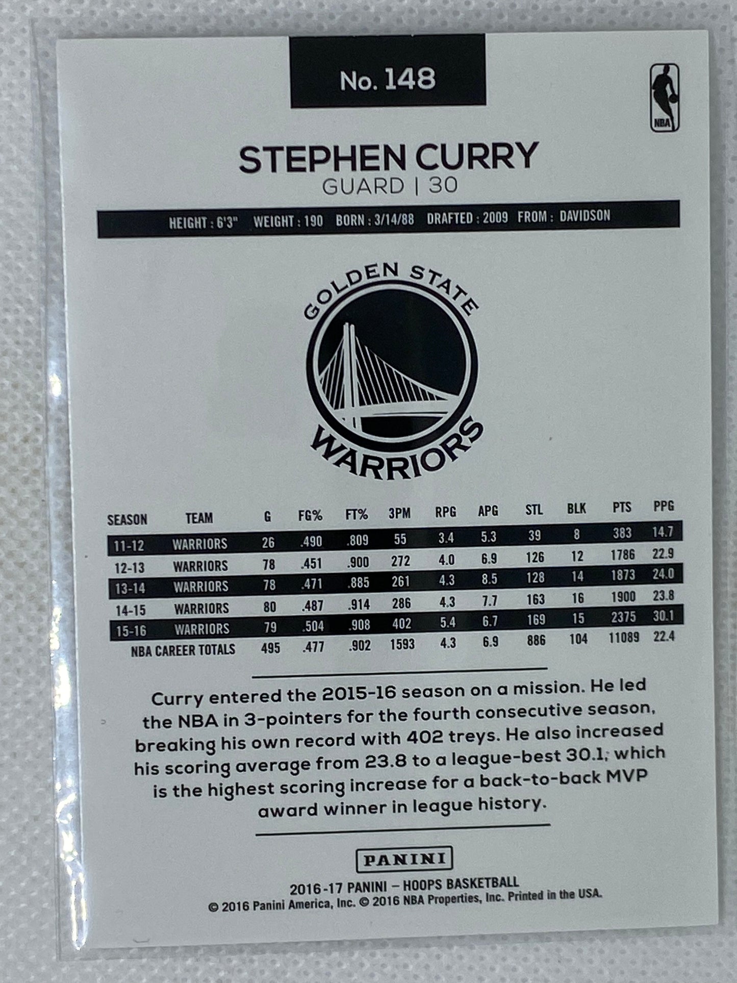 2016-17 Panini Hoops Stephen Curry #148 Golden State Warriors
