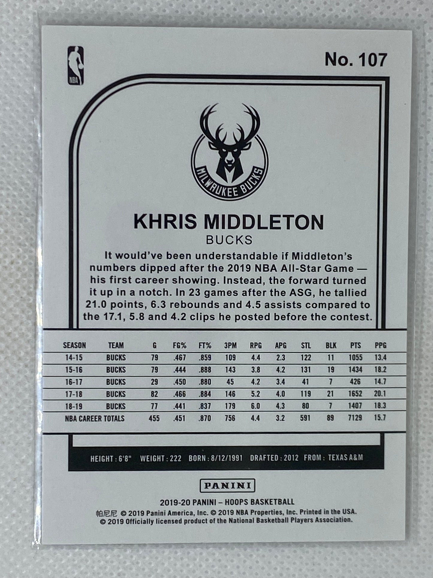 2019-20 NBA Hoops Winter Purple Khris Middleton #14 Milwaukee Bucks