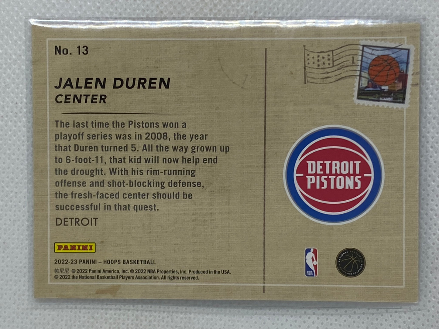 2022-23 Panini NBA Hoops Holo Foil Rookie Greetings Jalen Duren #13 Pistons RC