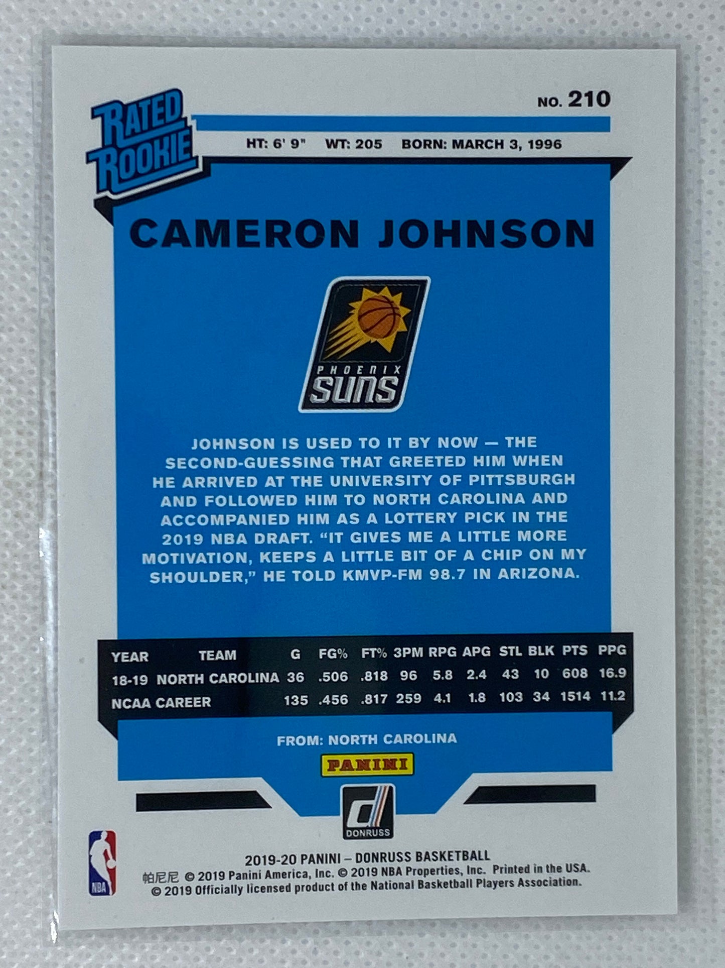 2019-20 Donruss Cameron Johnson Rated Rookie Card #210 Phoenix Suns