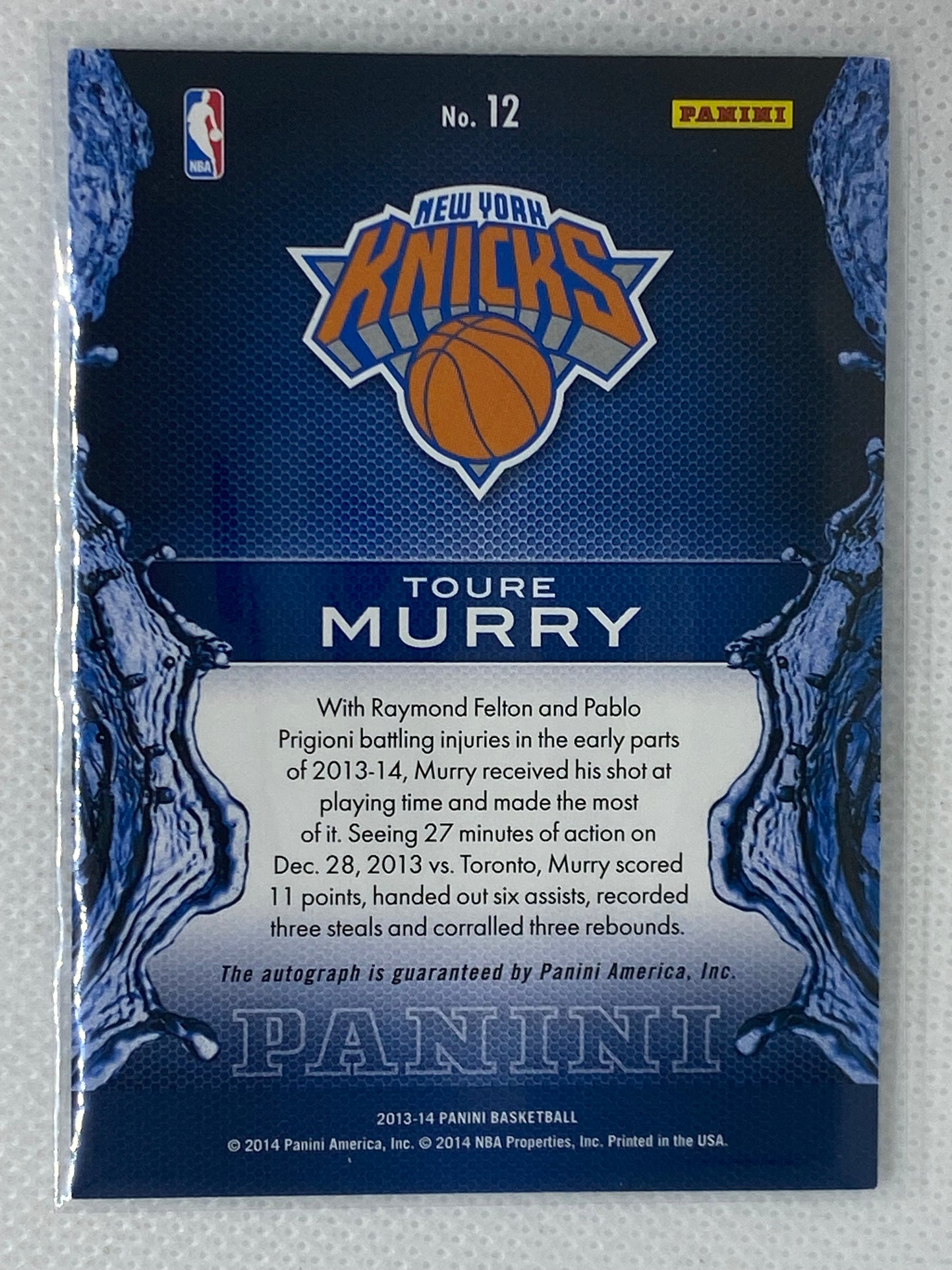 2013-14 Panini Rising Tide Autograph Toure' Murry #12 New York Knicks