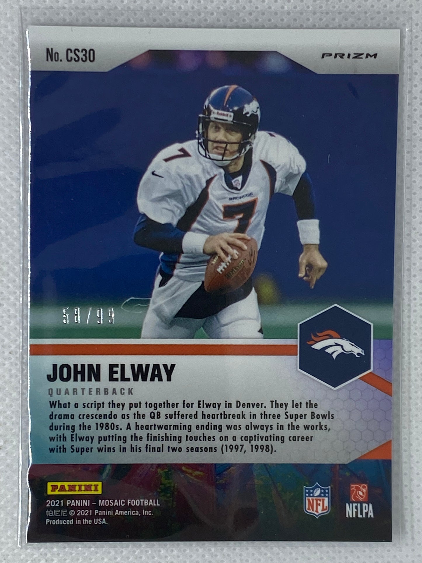 2021 Panini Mosaic Center Stage Blue Prizm /99 John Elway #CS30 Denver Broncos HOF