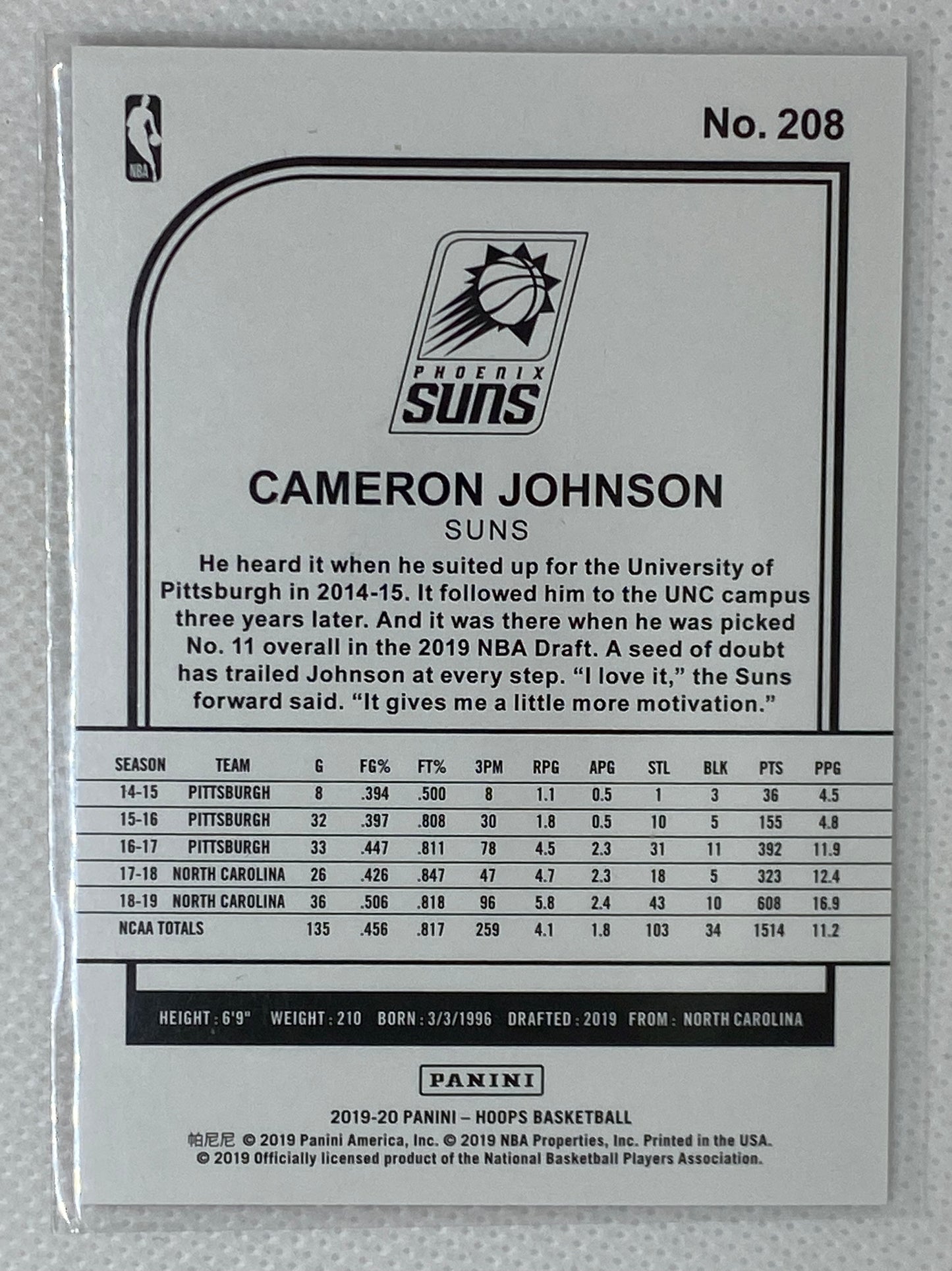 2019-20 Panini Hoops #208 Cameron Johnson Phoenix Suns Basketball Rookie Card RC
