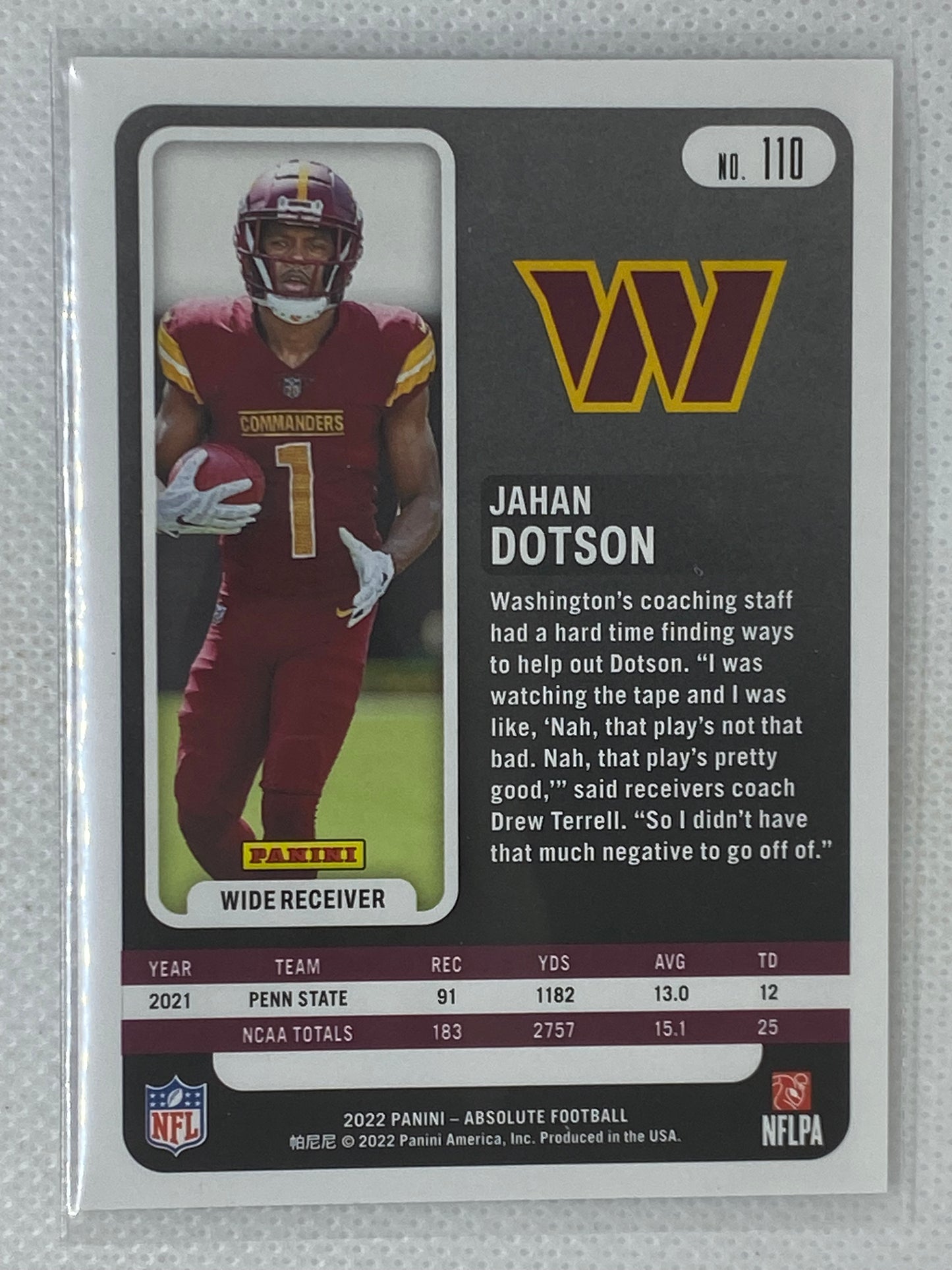 Jahan Dotson 2022 Panini Absolute Introductions Washington Commanders INT-9 RC