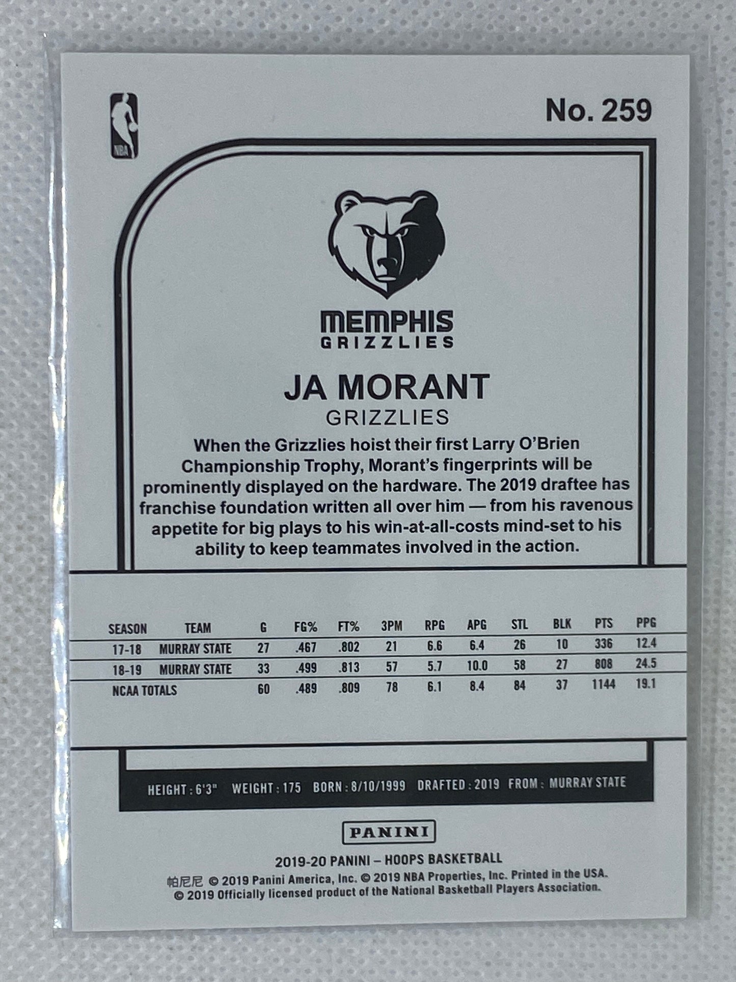 2019-20 Panini Hoops Ja Morant #259 Rookie Memphis Grizzlies