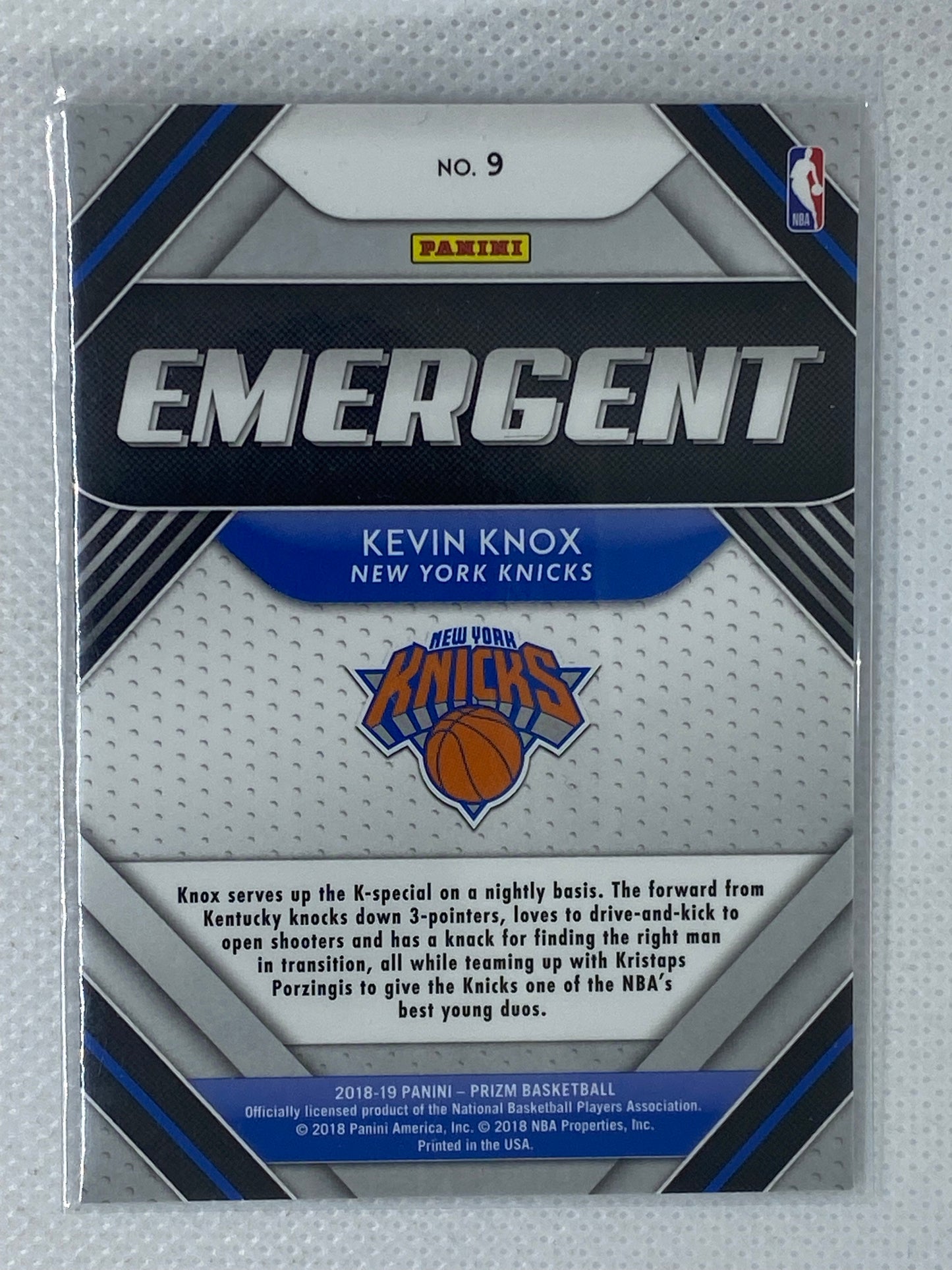 2018-19 Panini Prizm Kevin Knox Emergent #9 New York Knicks RC