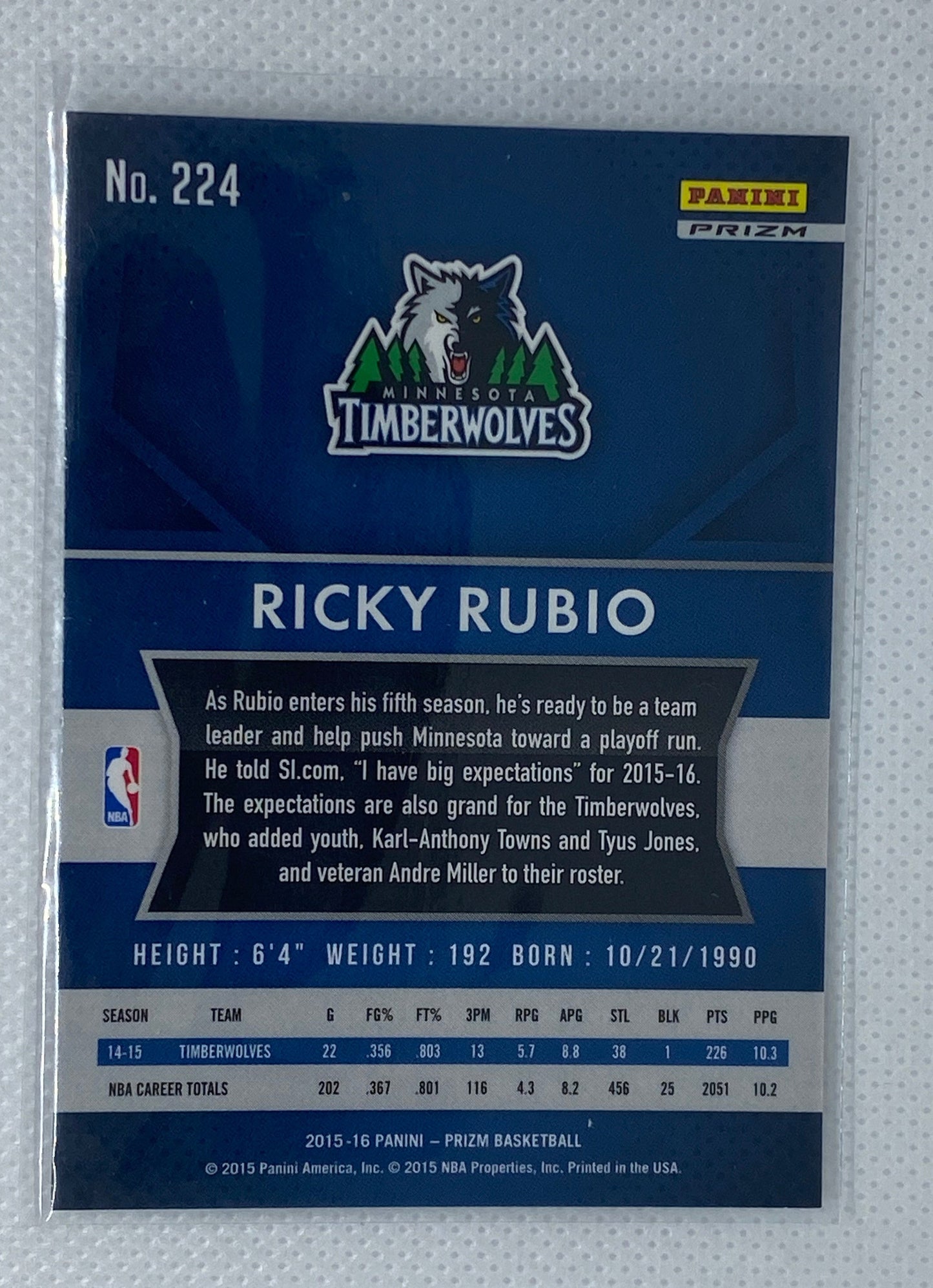 2015-16 Panini Prizm Prizms Silver #224 Ricky Rubio