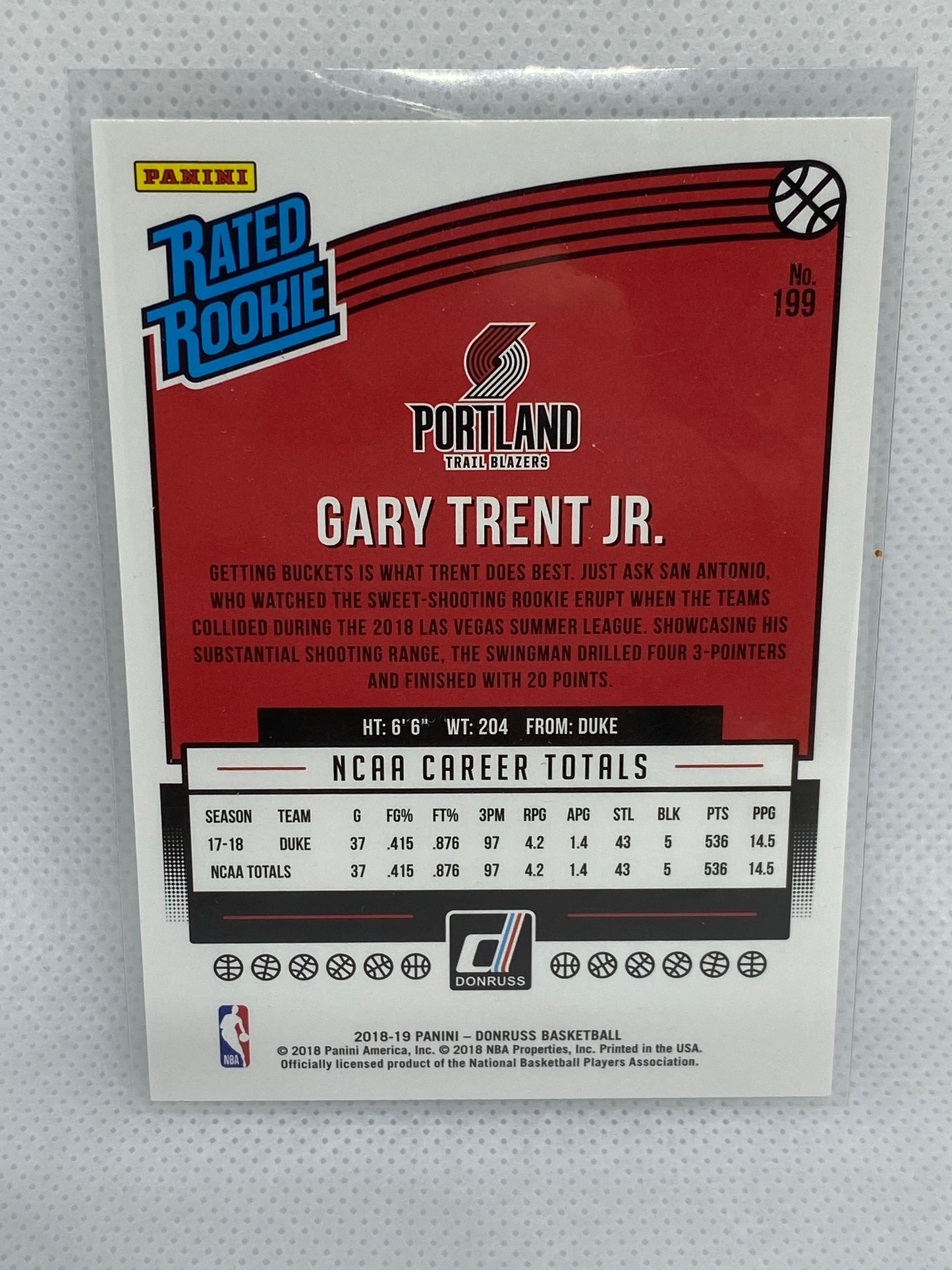 2018-19 Panini Donruss #199 Gary Trent Jr. Rated Rookie
