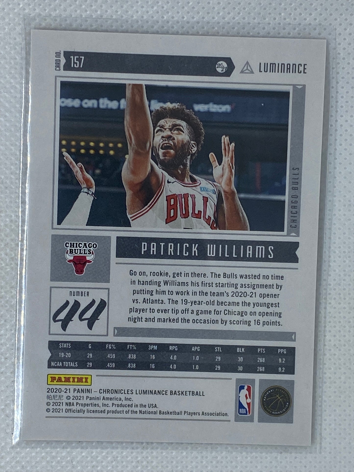 2020-21 Panini Chronicles Luminance Patrick Williams Rookie Chicago Bulls #157