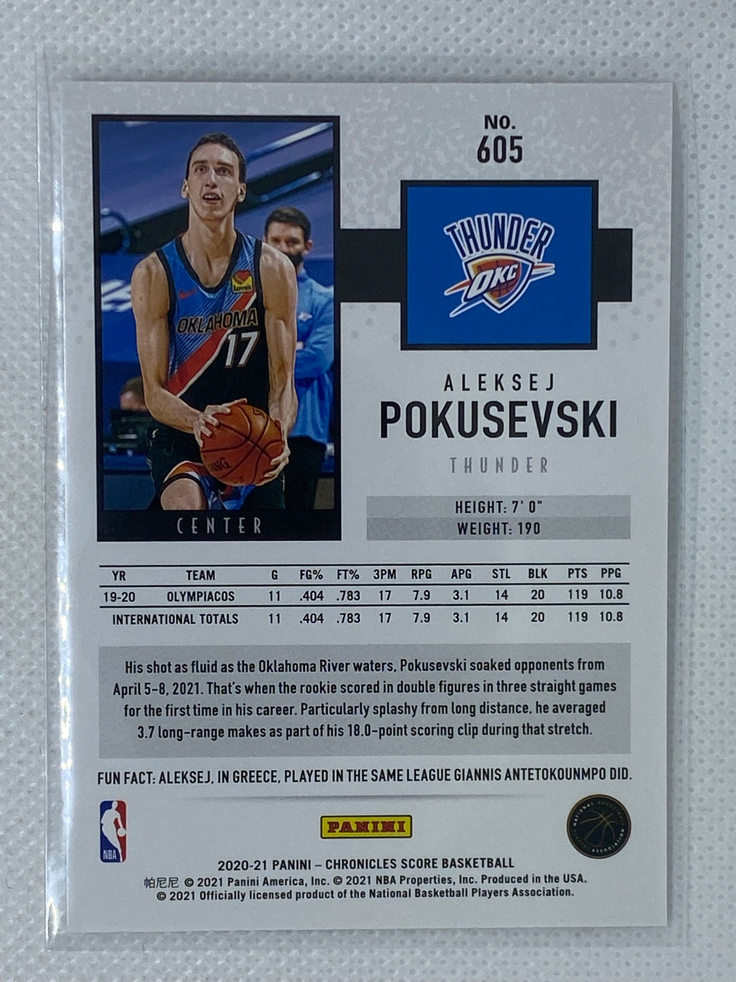 2020-21 Panini Chronicles Score Aleksej Pokusevski Rookie OKC Thunder #605