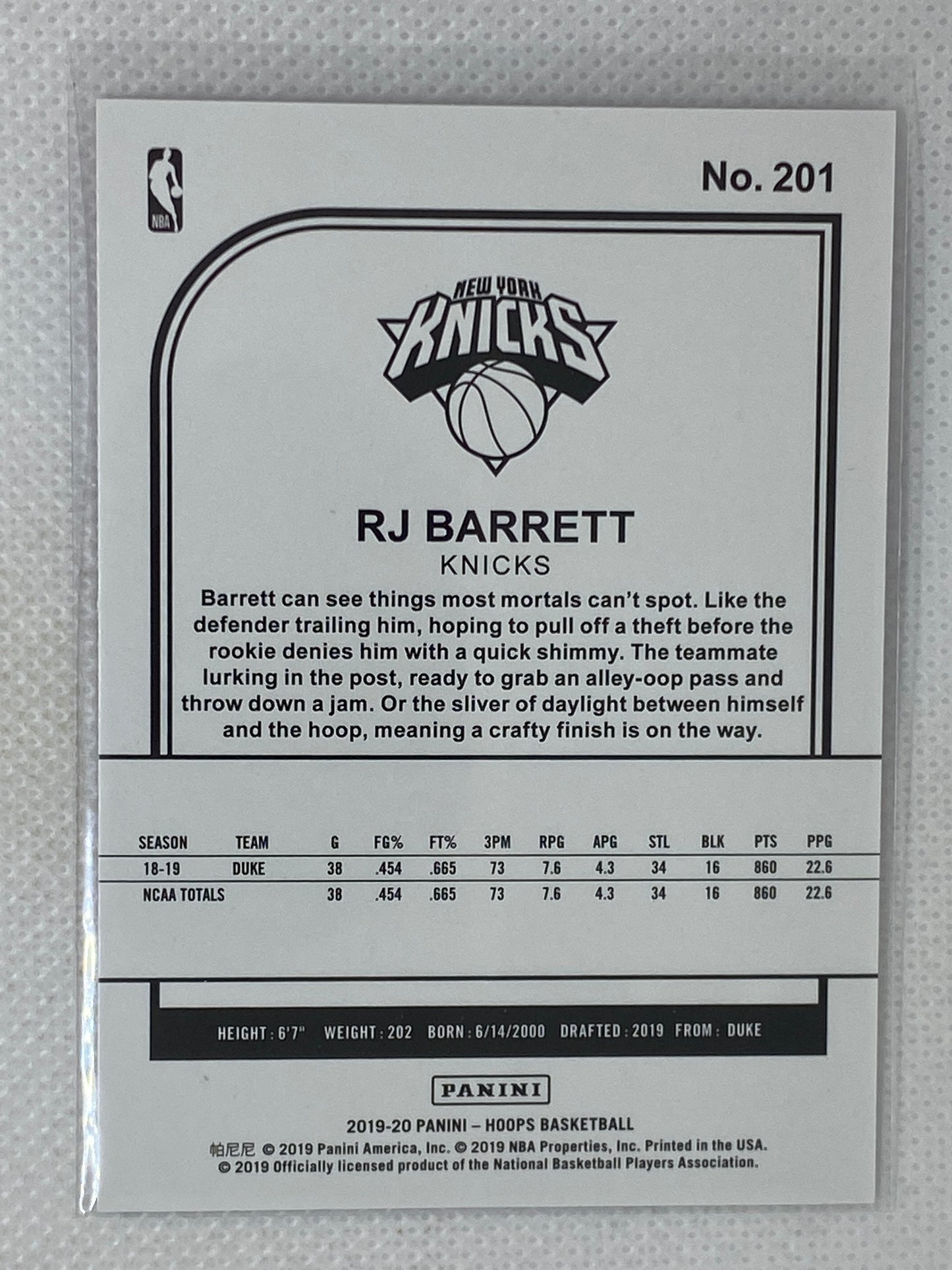 2019-20 Panini NBA Hoops Purple RC #201 SP Knicks RJ Barrett