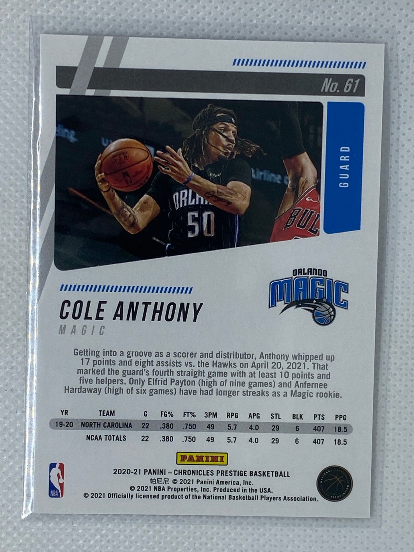 2020-21 Panini Chronicles Cole Anthony Prestige Rookie RC #61