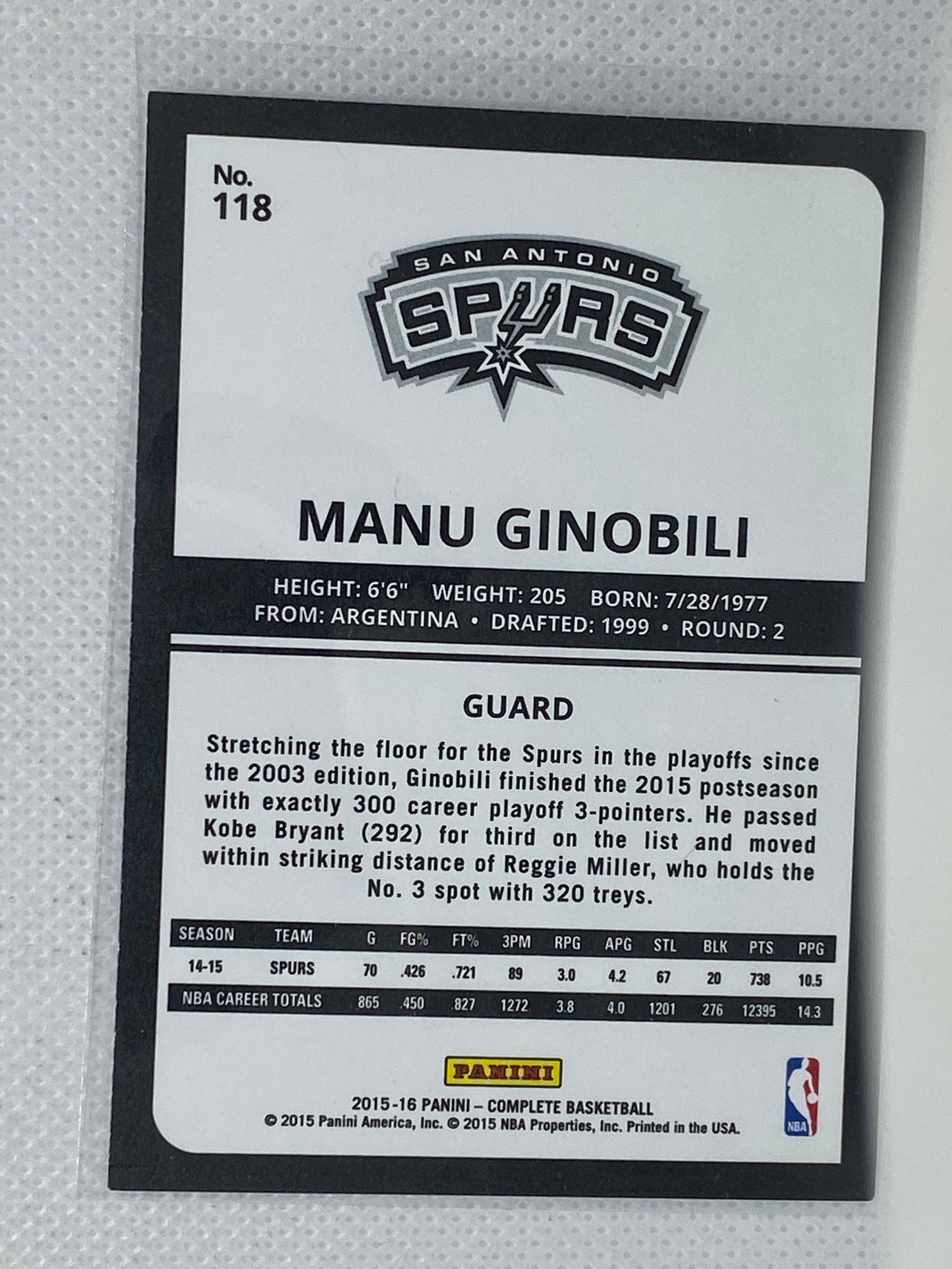 2015-16 Panini Complete #118 Manu Ginobili San Antonio Spurs HOF