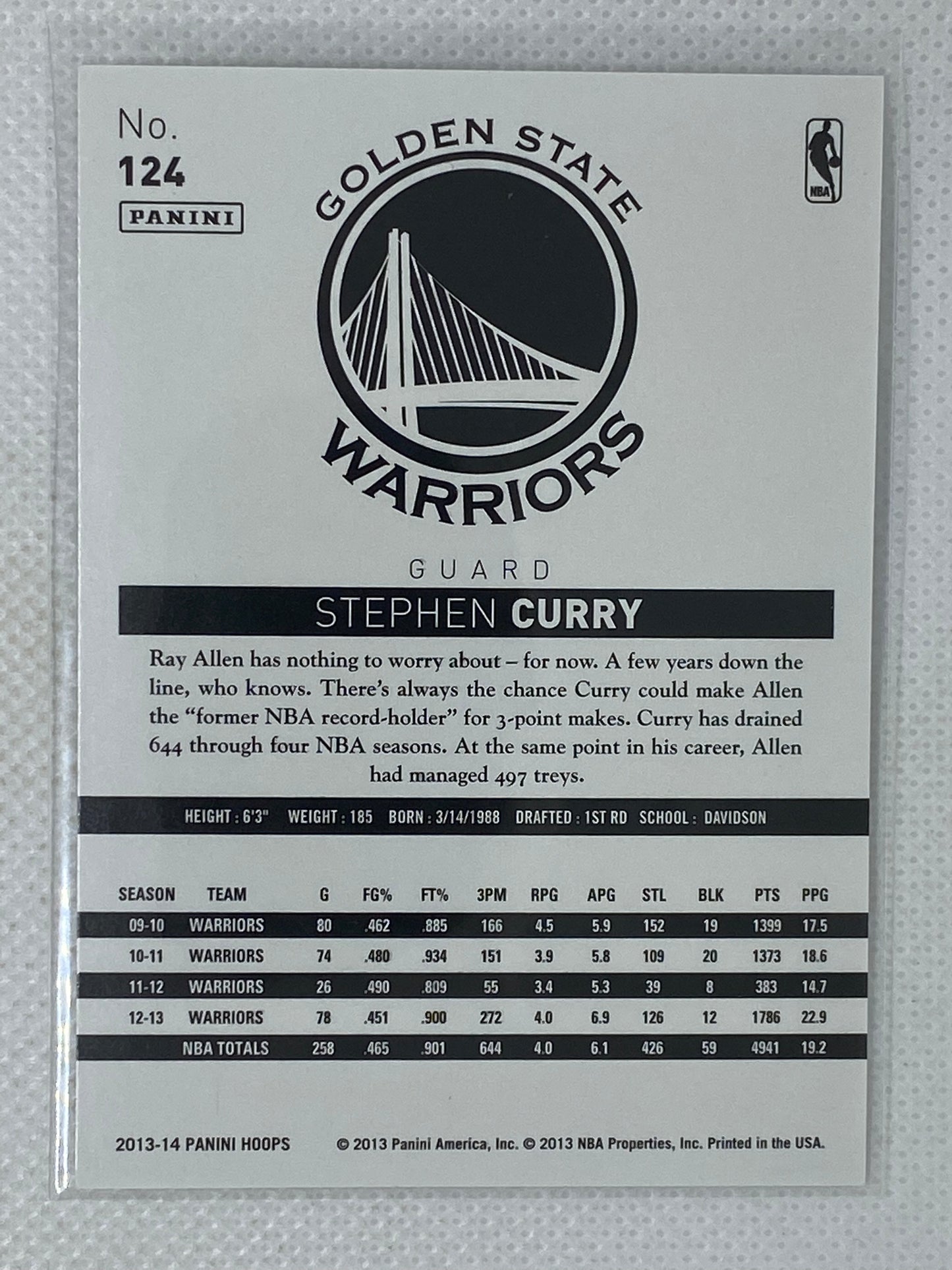 2013-14 Panini Hoops Stephen Curry #124 Golden State Warriors