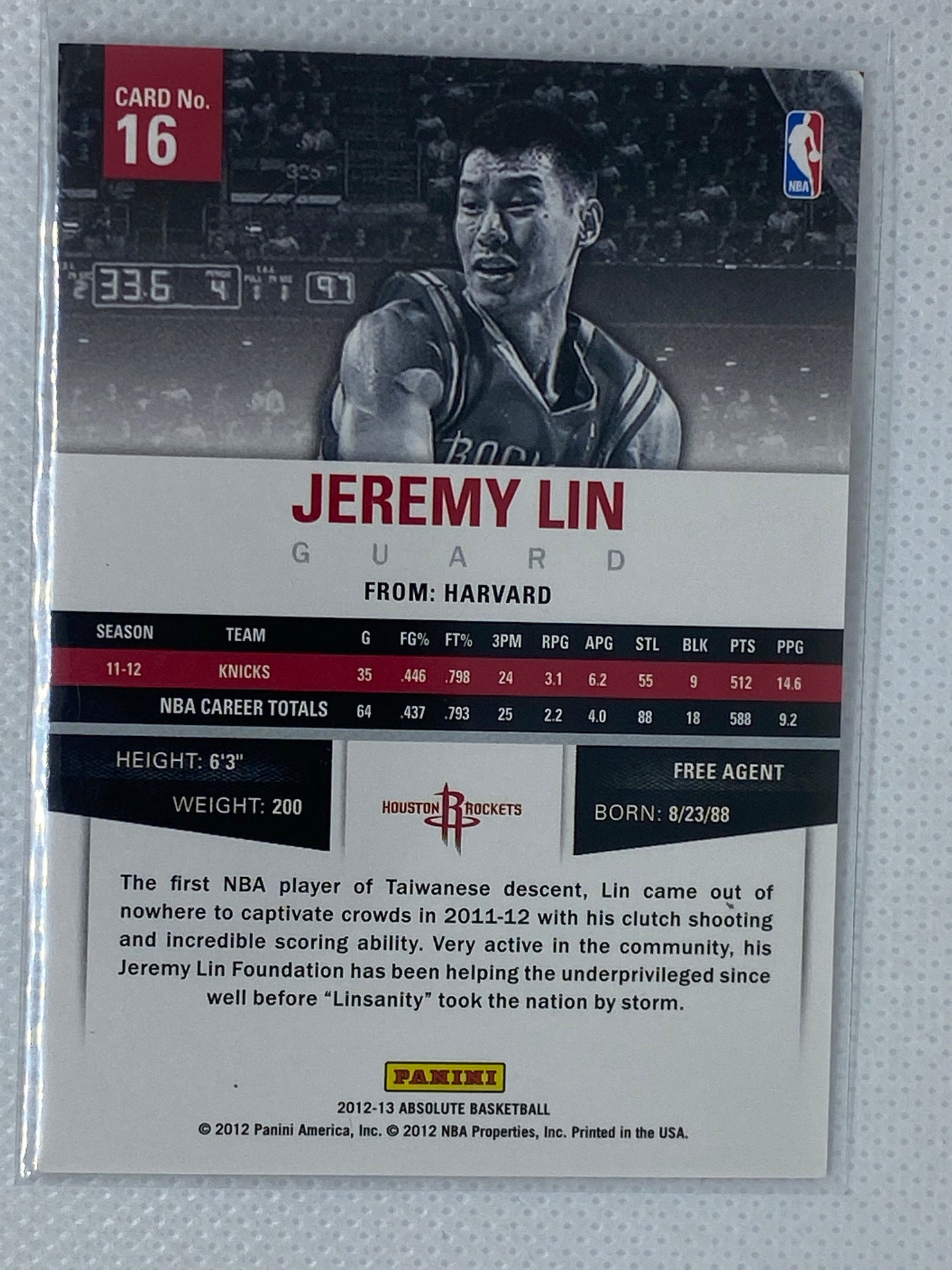 2012-13 Absolute Basketball #16 Jeremy Lin Houston Rockets
