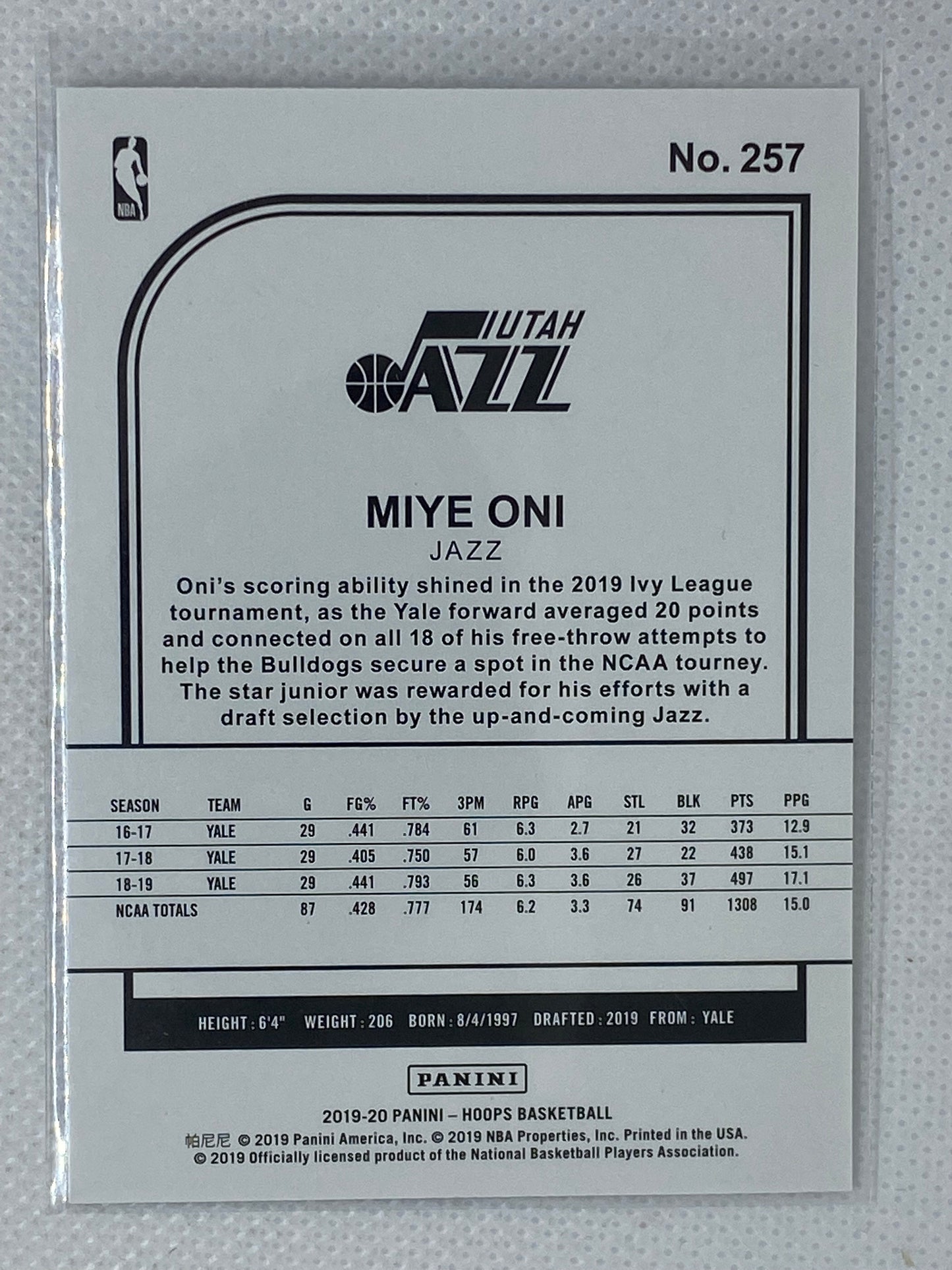 2019-20 Panini Hoops #257 Miye Oni RC Utah Jazz Basketball