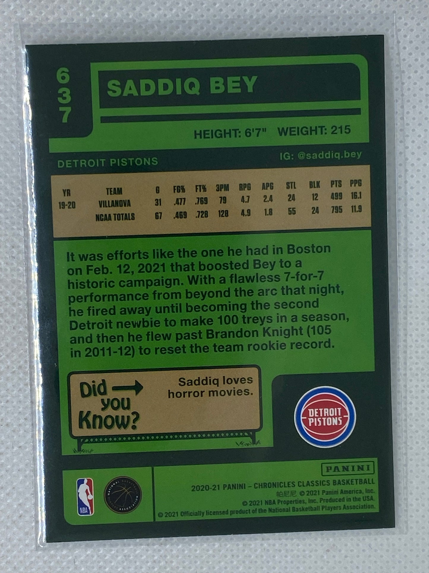 2020-21 Chronicles Classics Saddiq Bey Rookie Card RC #637 Detroit Pistons