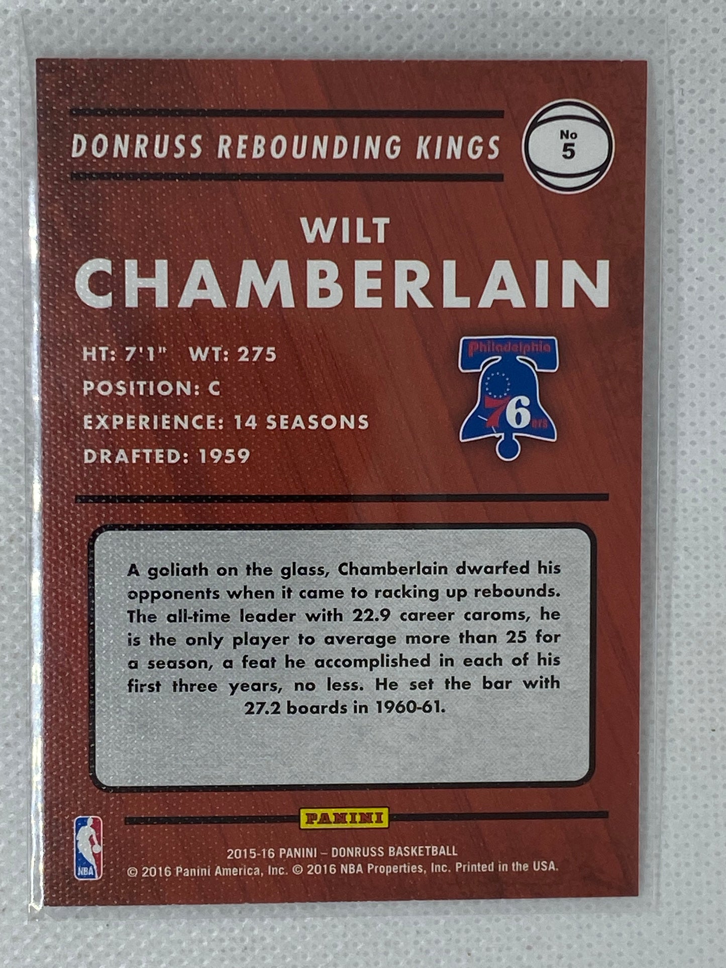 2015-16 Panini Donruss Rebounding Kings Wilt Chamberlain #5 Philadelphia 76ers