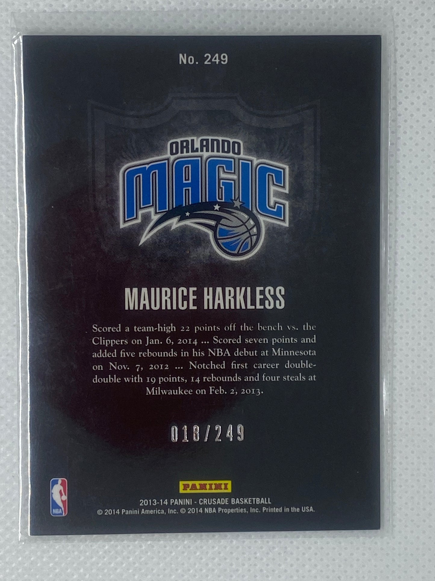 2013-14 Panini Crusade Insert Teal Basketball Card #249 Maurice Harkless/249