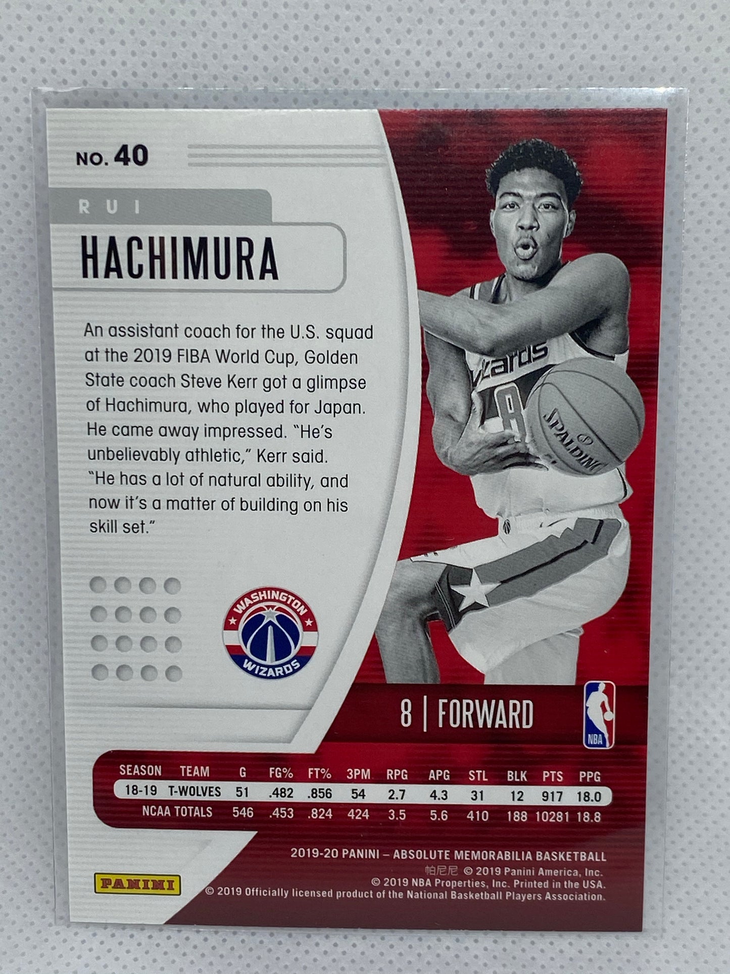 2019-20 Panini Absolute Memorabilia Rui Hachimura Wizards Rookie RC #40