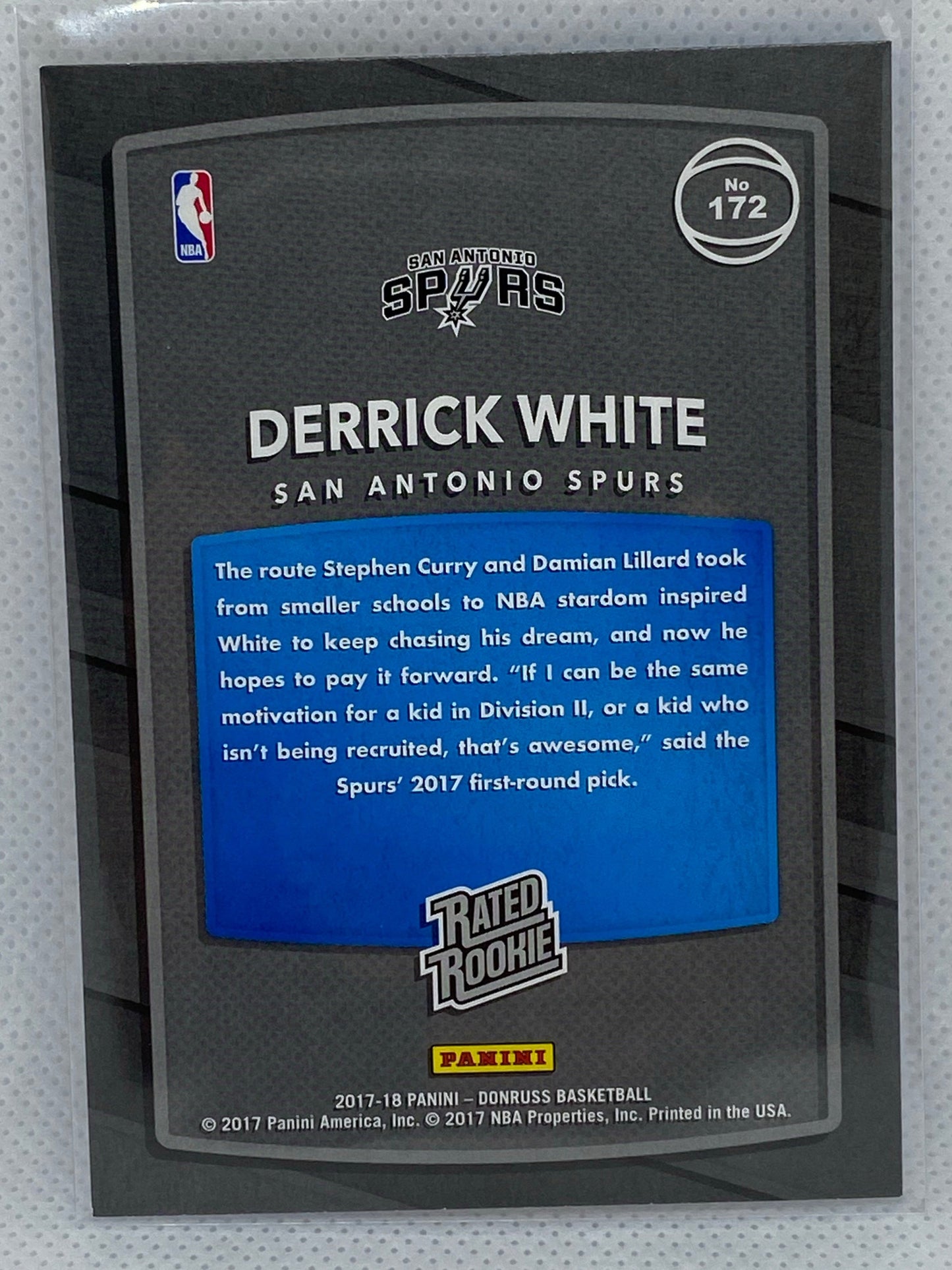 2017-18 Panini Donruss Rated Rookie RC #172 Derrick White San Antonio Spurs