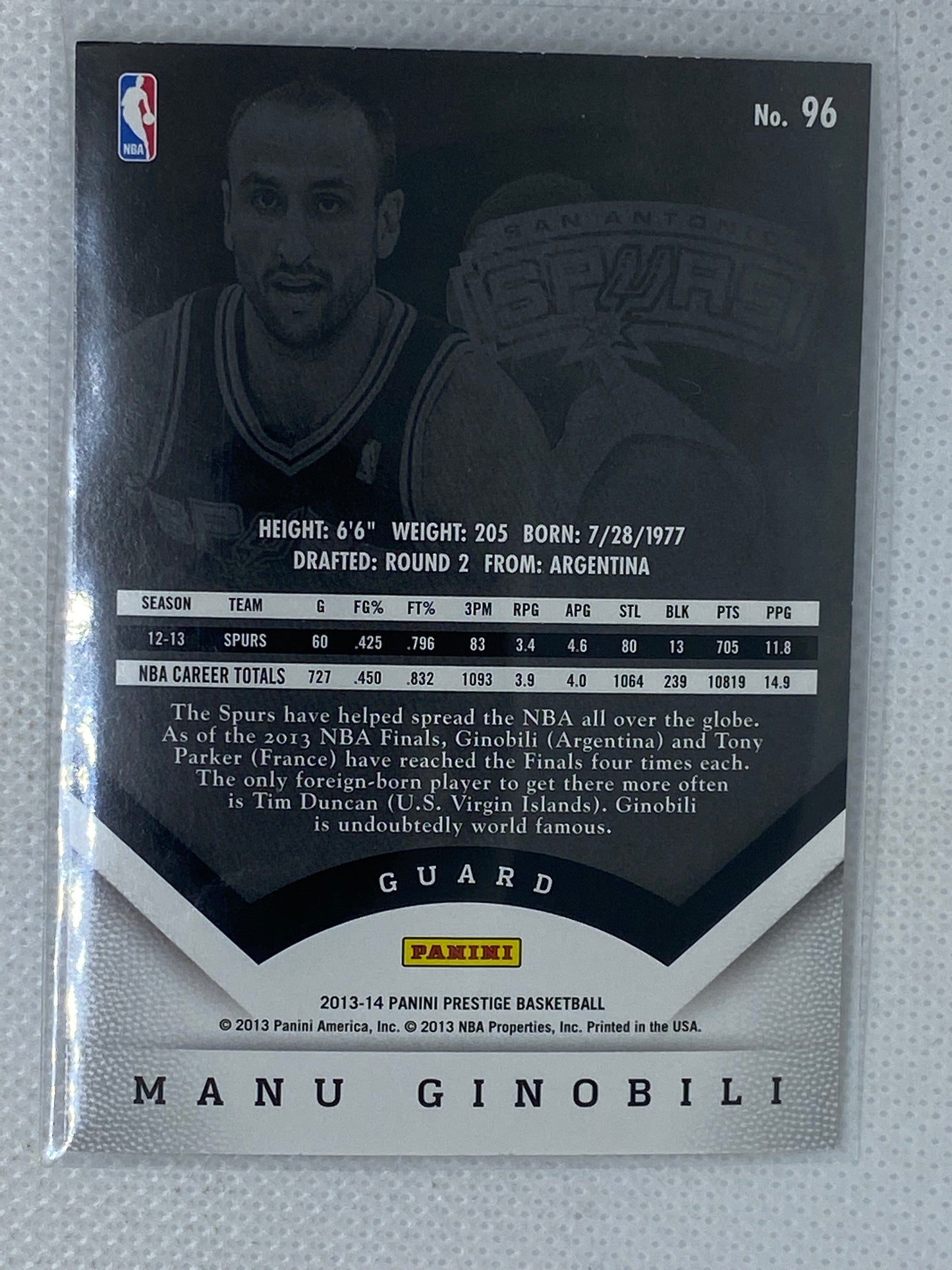 2013-14 Panini Prestige #96 Manu Ginobili San Antonio Spurs HOF