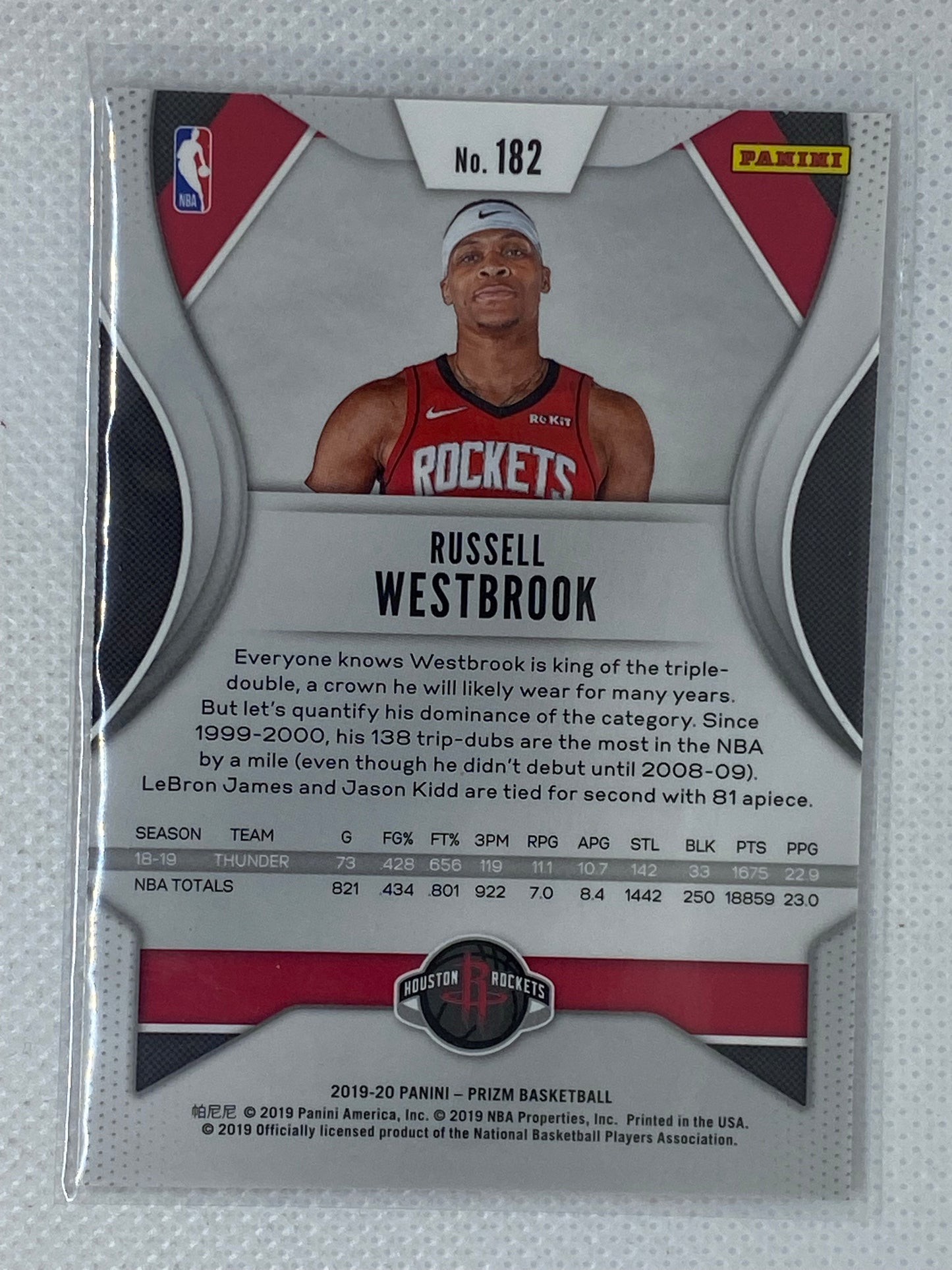 2019-20 Panini Prizm #182 Russell Westbrook Base Houston Rockets