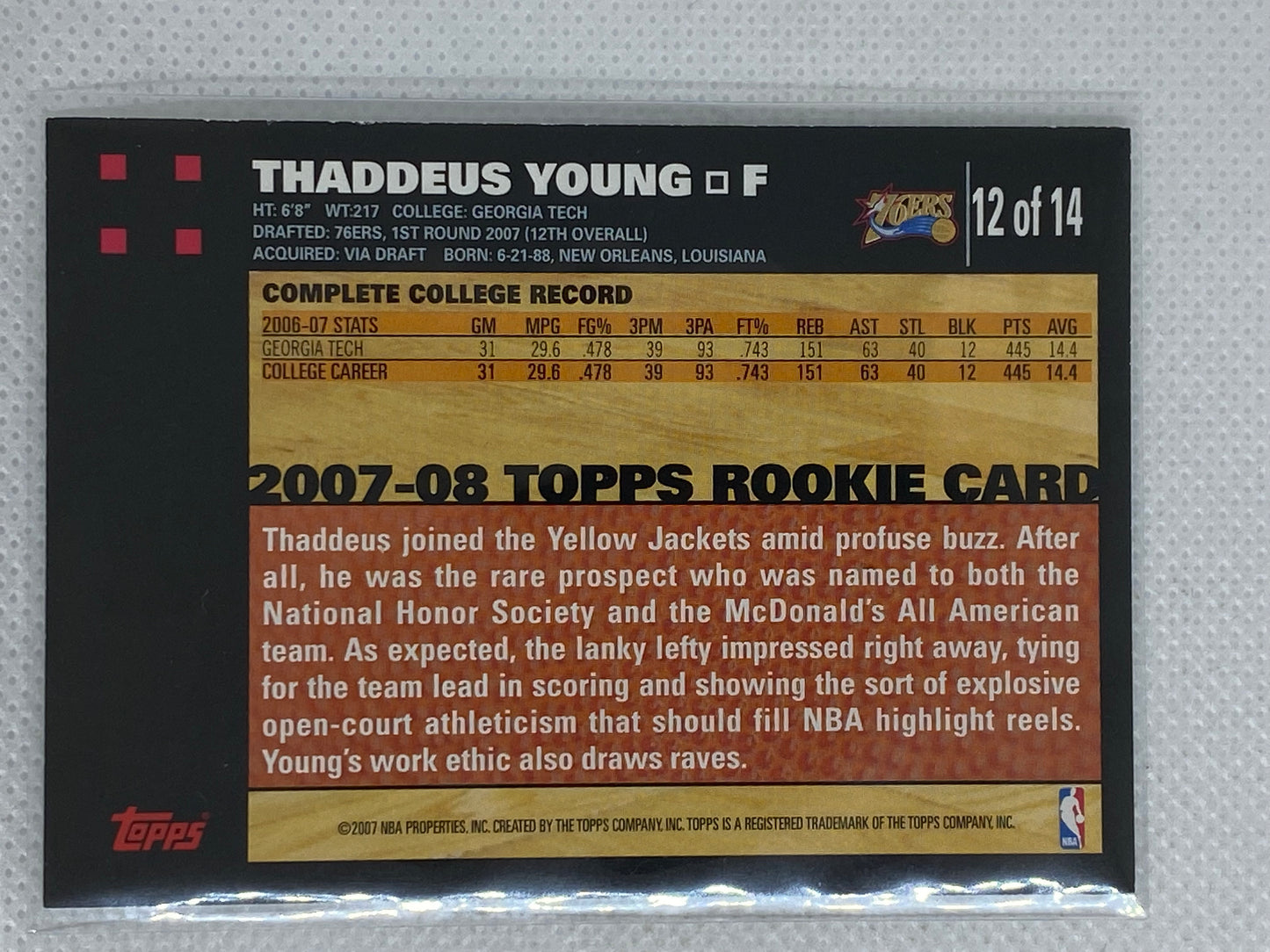 2007-08 Topps Thaddeus Young White Factory Set Rookie RC #12 Philadelphia 76ers