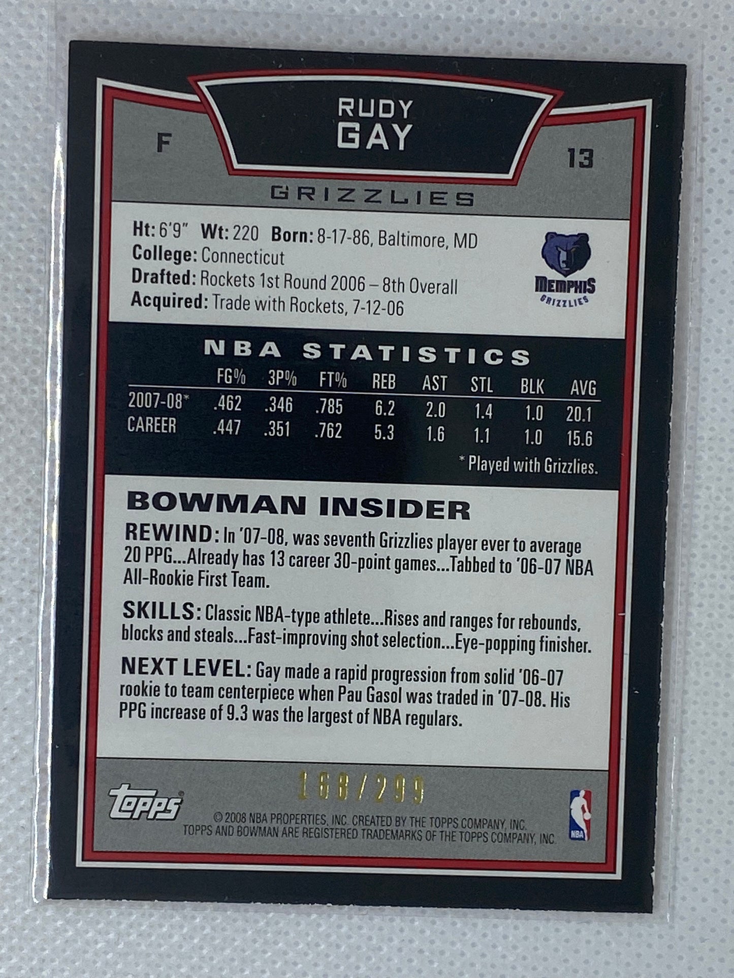 2008-09 Bowman Orange Memphis Grizzlies Basketball Card #13 Rudy Gay /299