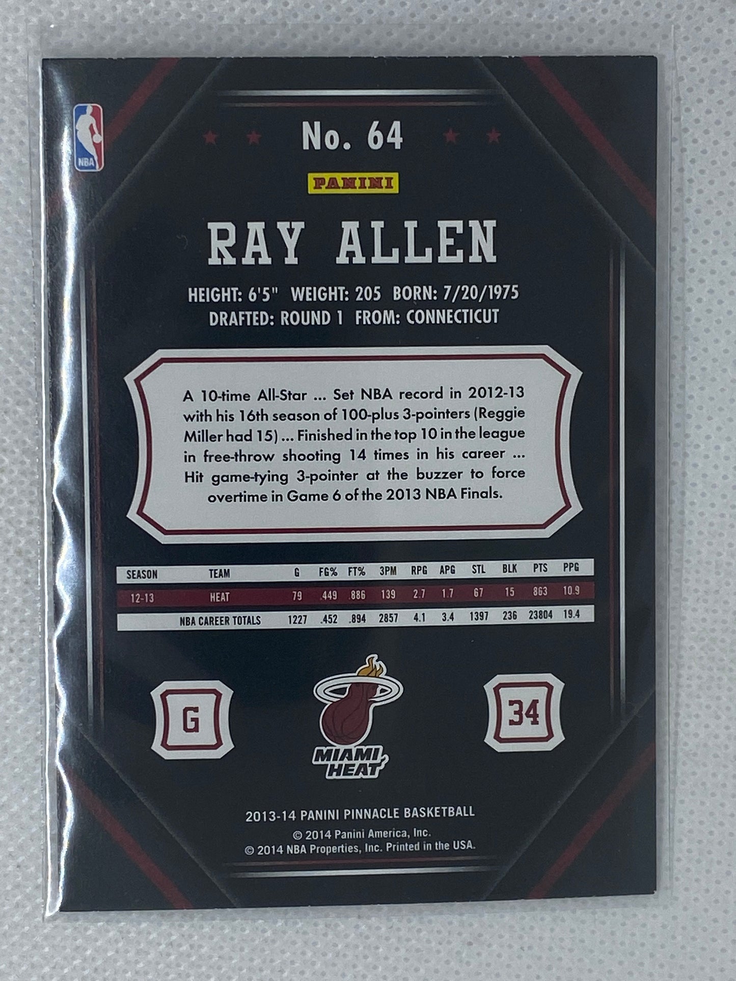 2013-14 Panini Pinnacle Basketball Card #64 Ray Allen Miami Heat