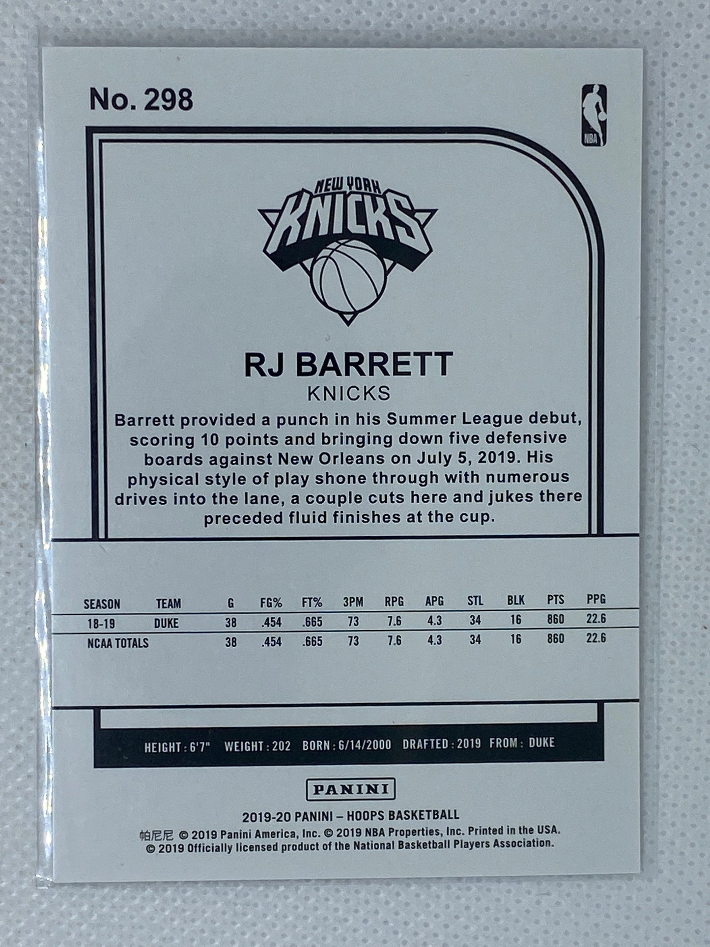2019-20 Panini NBA Hoops RJ Barrett Winter RC #298 New York Knicks Tribute Gold SP
