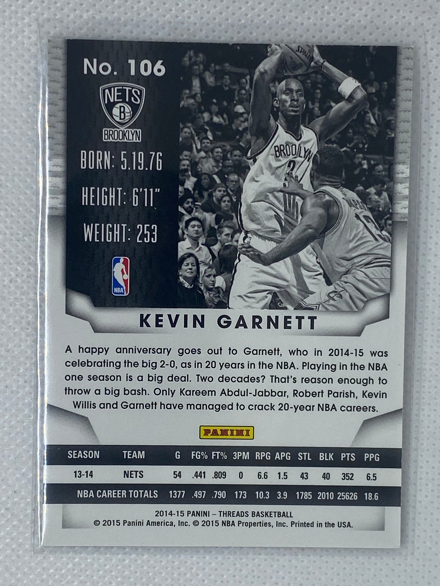2014-15 Panini Threads Basketball Kevin Garnett #106