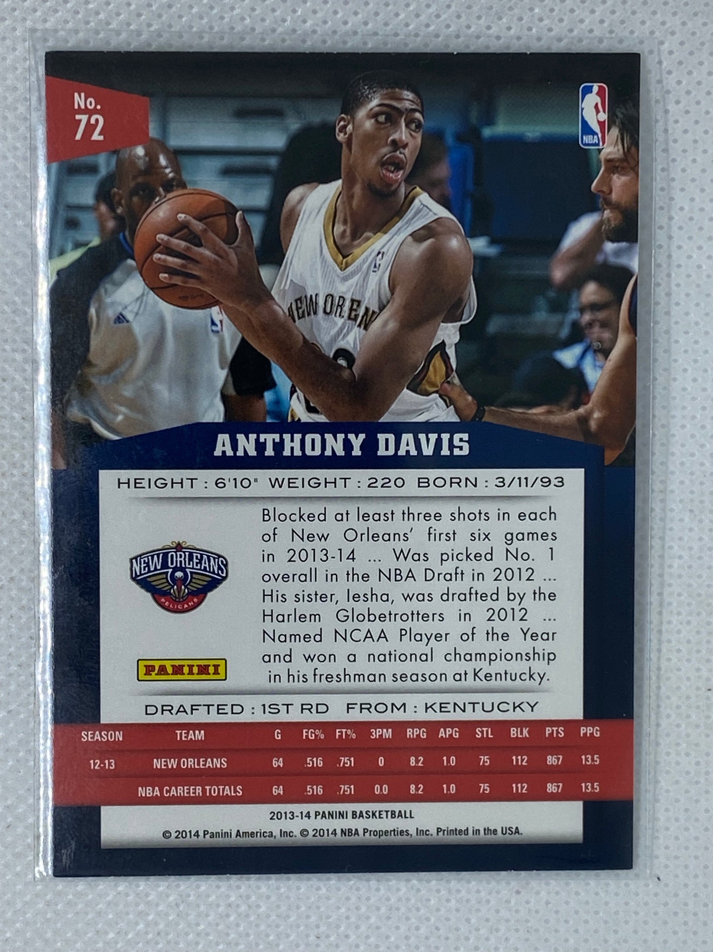 2013-14 Panini Base #72 Anthony Davis - New Orleans Pelicans