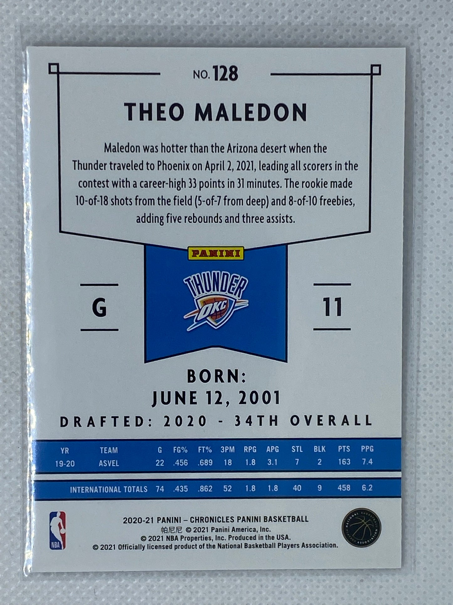 2020-21 Chronicles Basketball Theo Maledon Panini #128 Rookie RC Thunder