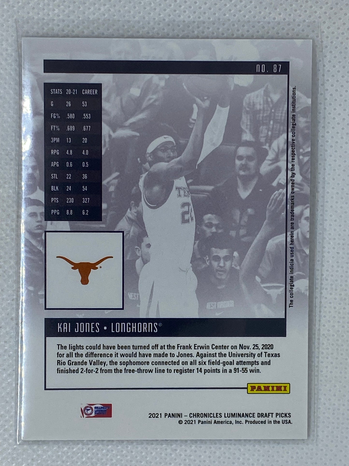 2021 Panini Chronicles Draft Luminance Base Rookie #87 Kai Jones RC Texas