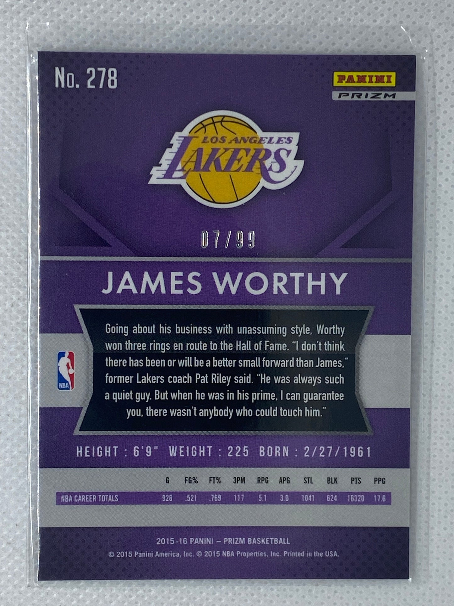 2015-16 Team Color Purple Prizm Big Game James Worthy #278 Lakers Card 7/99