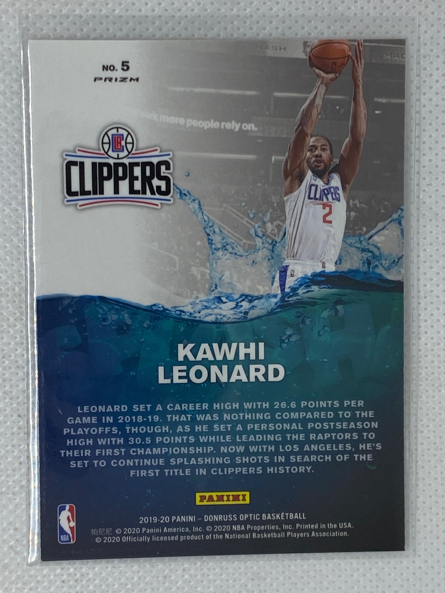 2019-20 Donruss Optic Splash! Holo Prizm Kawhi Leonard #5 Los Angeles Clippers