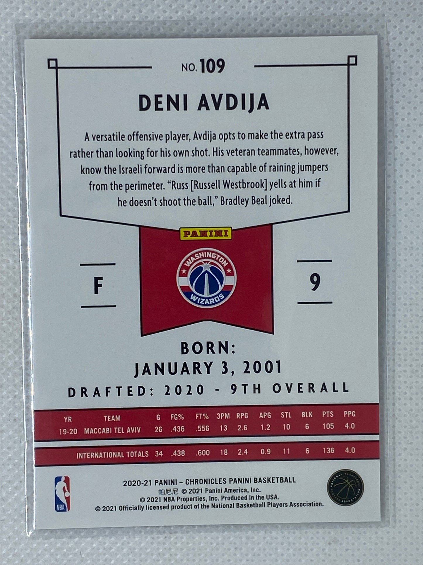 2020-21 Panini Chronicles Basketball Deni Avdija #109 Rookie RC Wizards